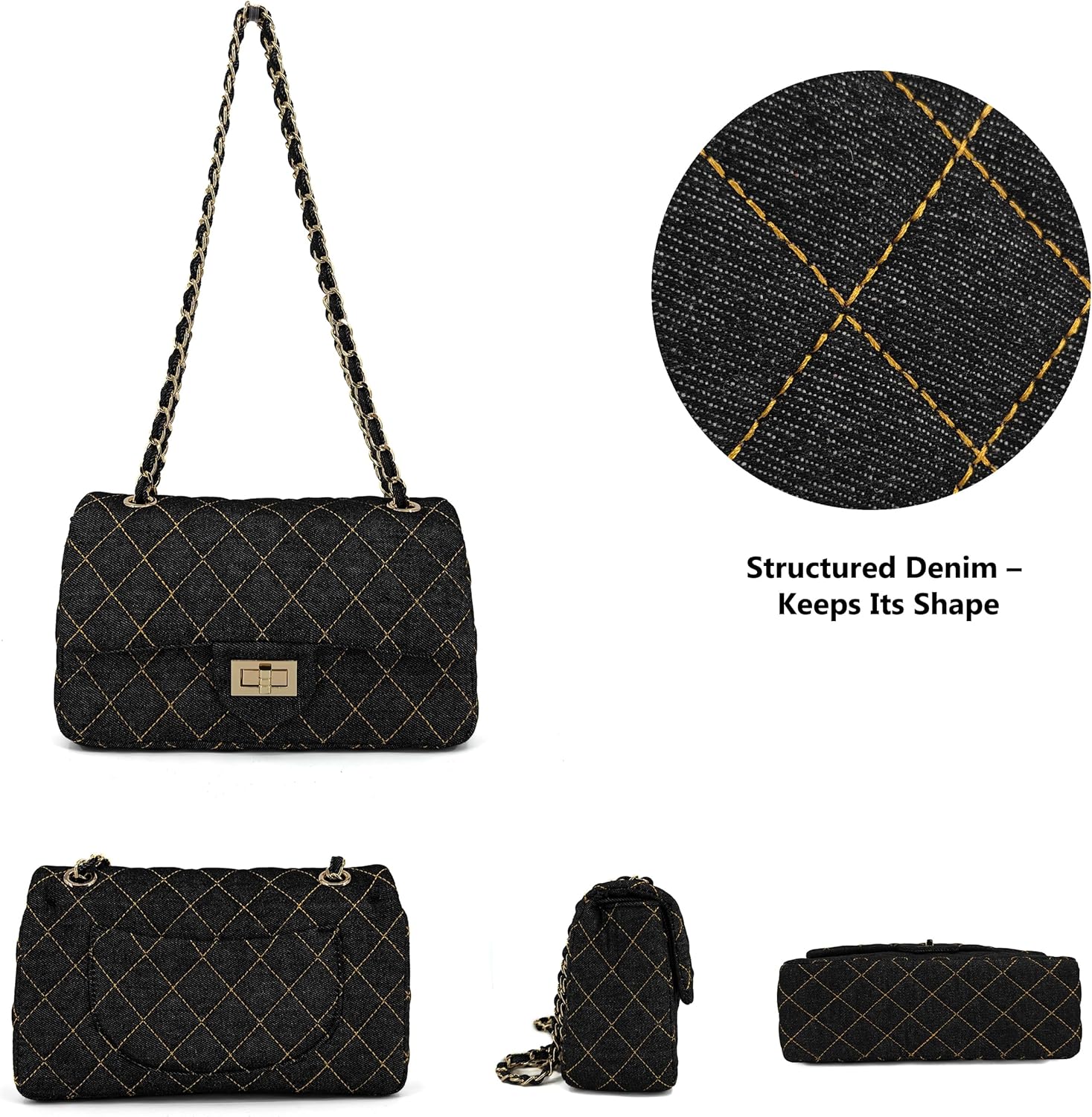 Quilted Denim Crossbody Bags for Women, Chain Strap Shoulder Bags, Medium Double Flap Purse, Gold Hardware Jean Purse - Image 3