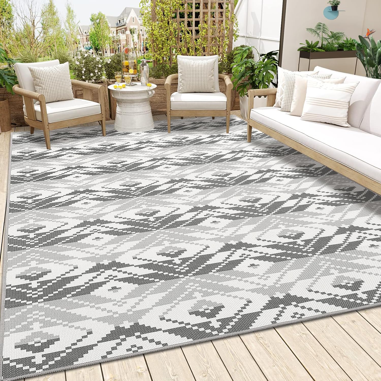 GarveeHome Indoor/Outdoor Area Rug 5x8 Moroccan Geometric Area Rug Non Slip Washable Rug Patio Rug Vintage Easy Clean Rustic Floor Carpet for Living Room Dining Room Kitchen Backyard Porch Black