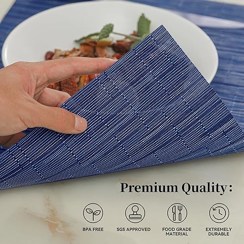 Miniatura 3 de Juego de 8 manteles individuales azules, resistentes al calor, antideslizantes, para mesa de comedor, lavables, duraderos, tejido de vinilo PVC