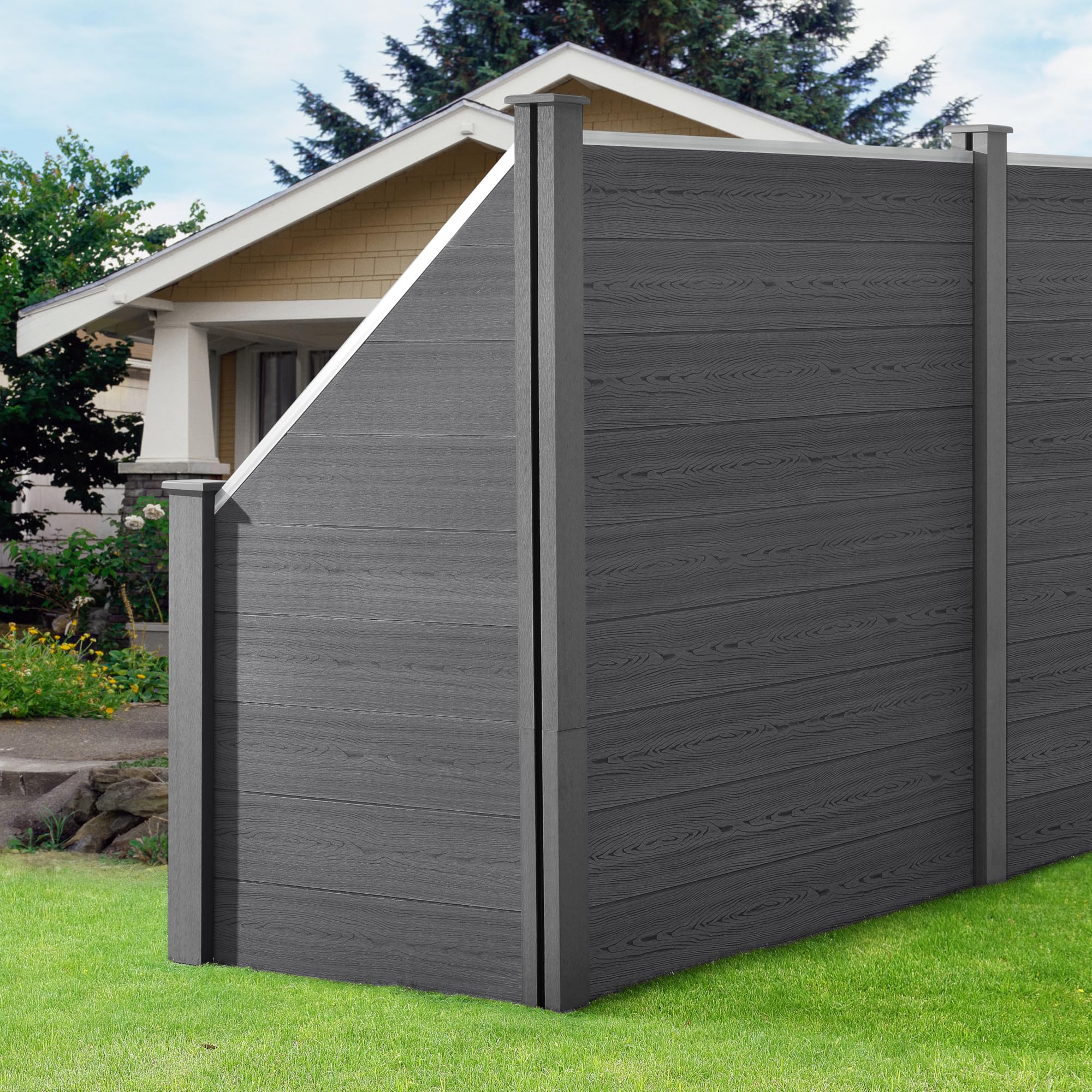 NEU.HOLZ WPC Gartenzaun mit abgeschrägtem Zaunelement 183 x 625 cm Grau Sichtschutz Windschutz Lamellenzaun Zaun Schrägelement