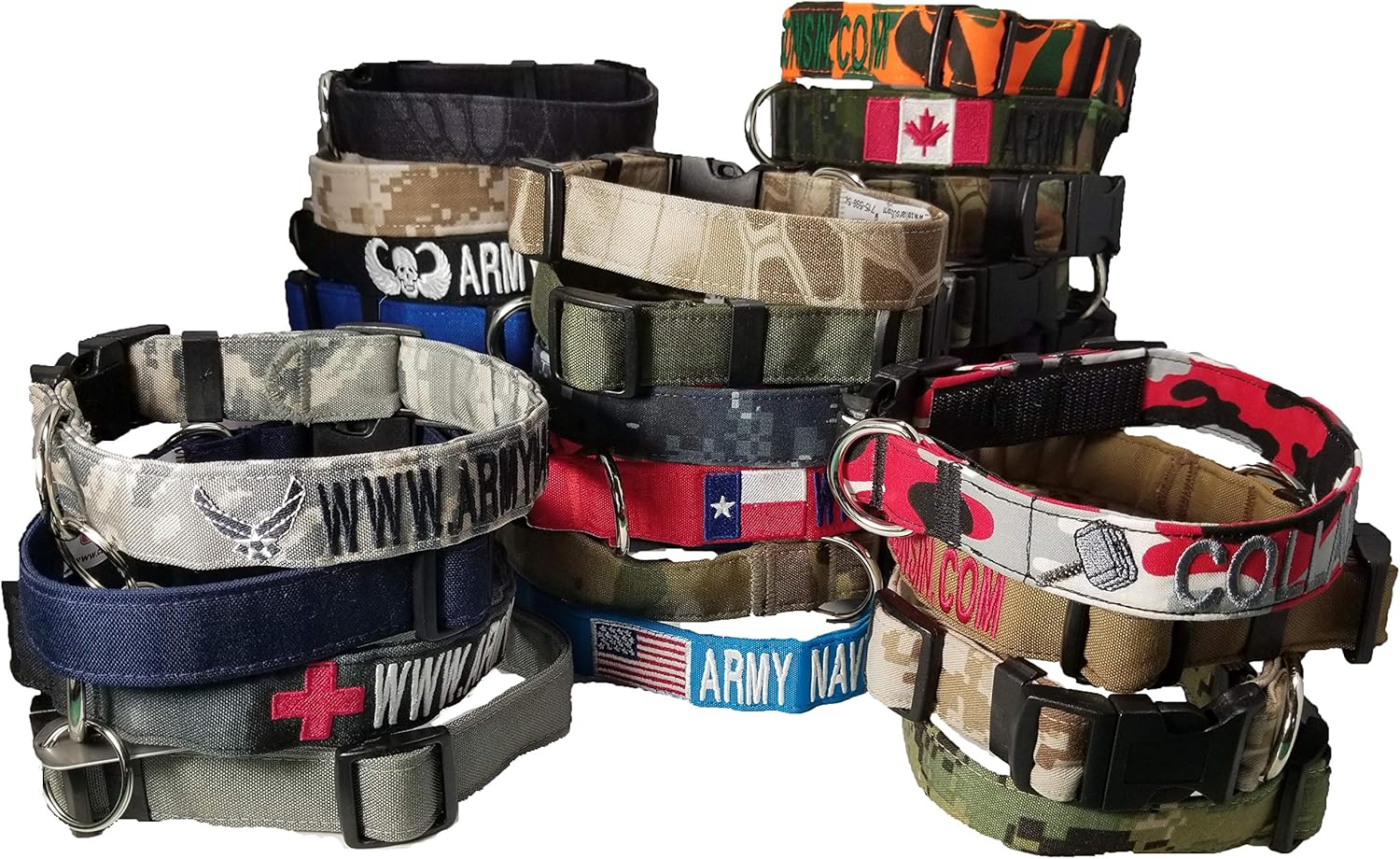 Custom 1" Dog Collars with 1 Logo. Over 35 Camo/Solid Fabrics to Choose from. Plastic & Metal Buckles.