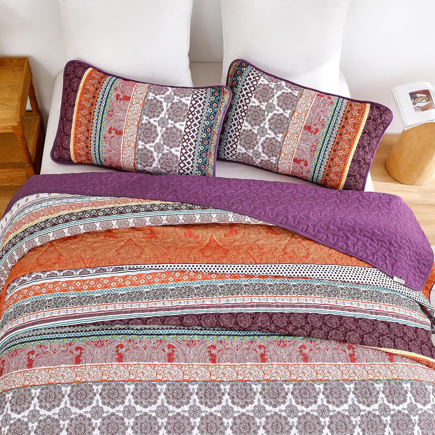 WONGS BEDDING Boho Quilt Set King Size, Purple 3 Pieces Bohemian Striped Patchwork Bedspread Coverlet, Lightweight Soft Microfiber Bedding Set for All Season (104"x90") - Image 6