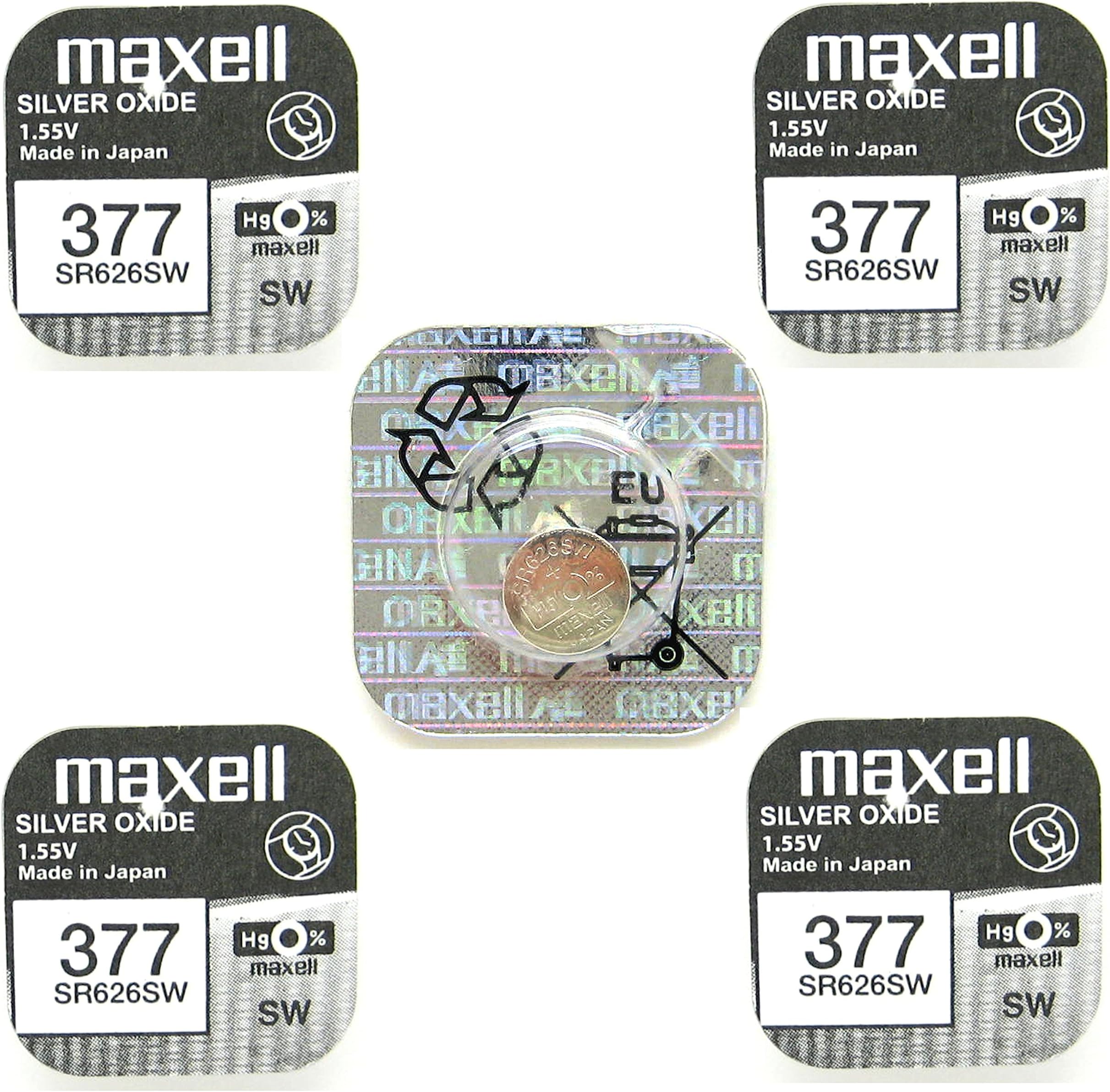 Maxell 377 battery, silver oxide, 1.55 V, 5 x single blister.