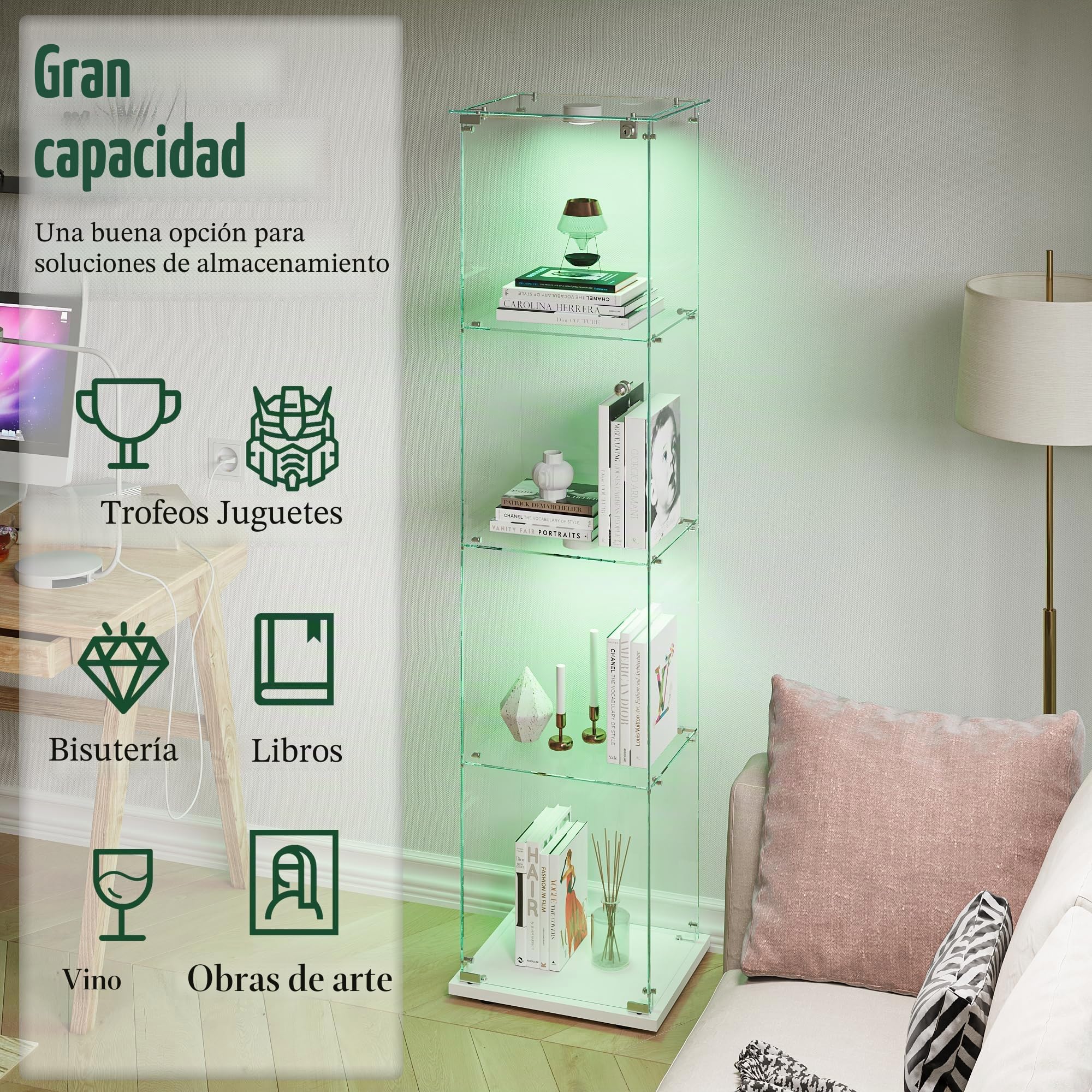 Vitrina de Cristal de 163 x 40 x 35 cm con 4 estantes 1 Puertas, Vitrina de pie con LED, Armario de colección Moderno para salón, Dormitorio, Oficina, Blanco y Puerta Individual + Luces de Pat