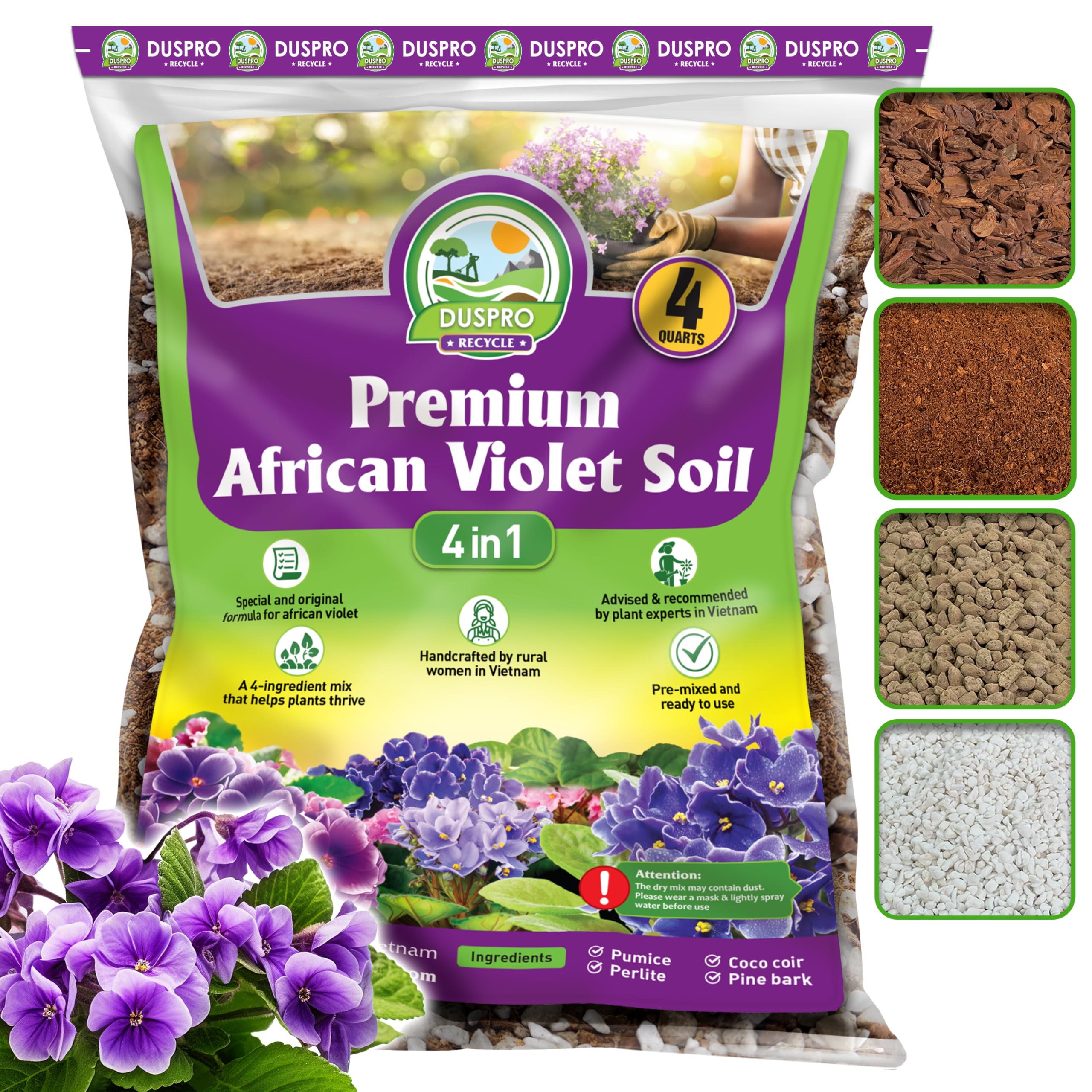 DusproRecycle Premium 4-in-1 African Violet Potting Soil African Violet Soil Blend with Perlite, Coco Coir, Pumice, Pine Bark for Optimal Moisture Retention & Drainage 4QT