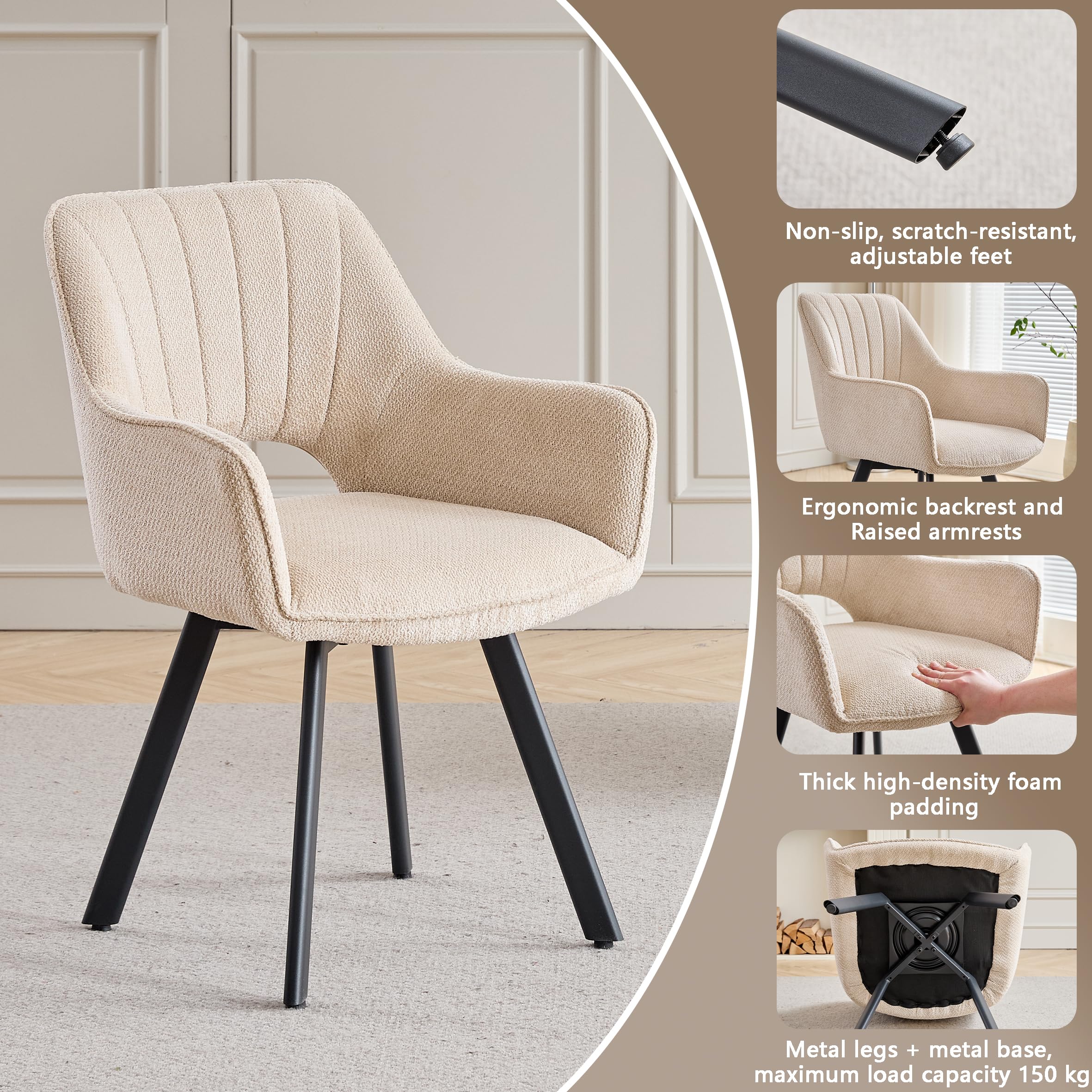 GrandCA HOME Juego de 2 sillas de Comedor giratorias 360° con reposabrazos, tapicería de Lino, Estilo Moderno, Patas de Metal, para Comedor, Sala de Estar u Oficina - Caqui