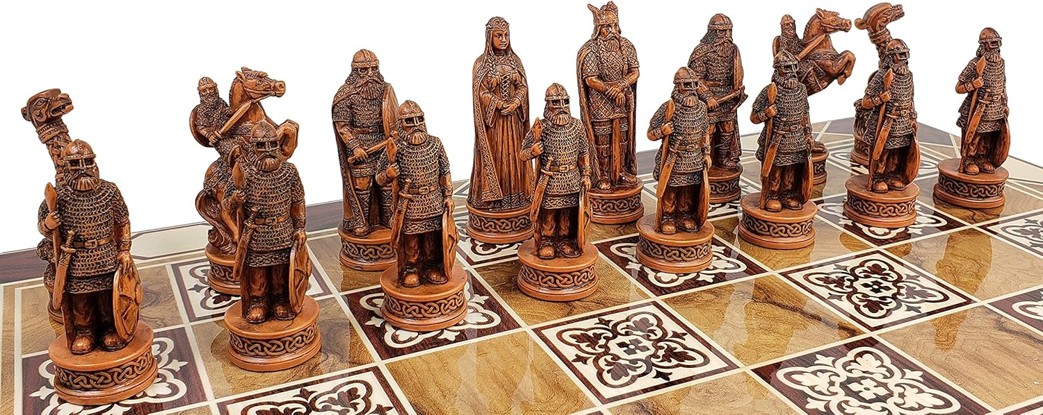 Antique Ivory & Brown Norse Viking Chess Set with 17" Burlwood Color Board