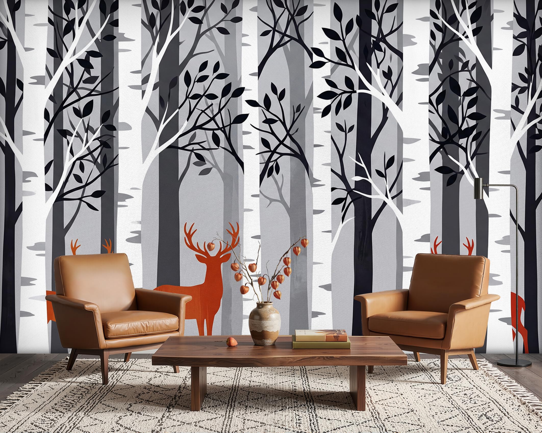 PaxGloz Modern Forest Stag Wallpaper, Black Grey and White Woodland Wall Mural for Kids Playroom Nursery Living Room & Bedroom, Non-Woven Decorative Wall Art 300x210 cm โ image 1