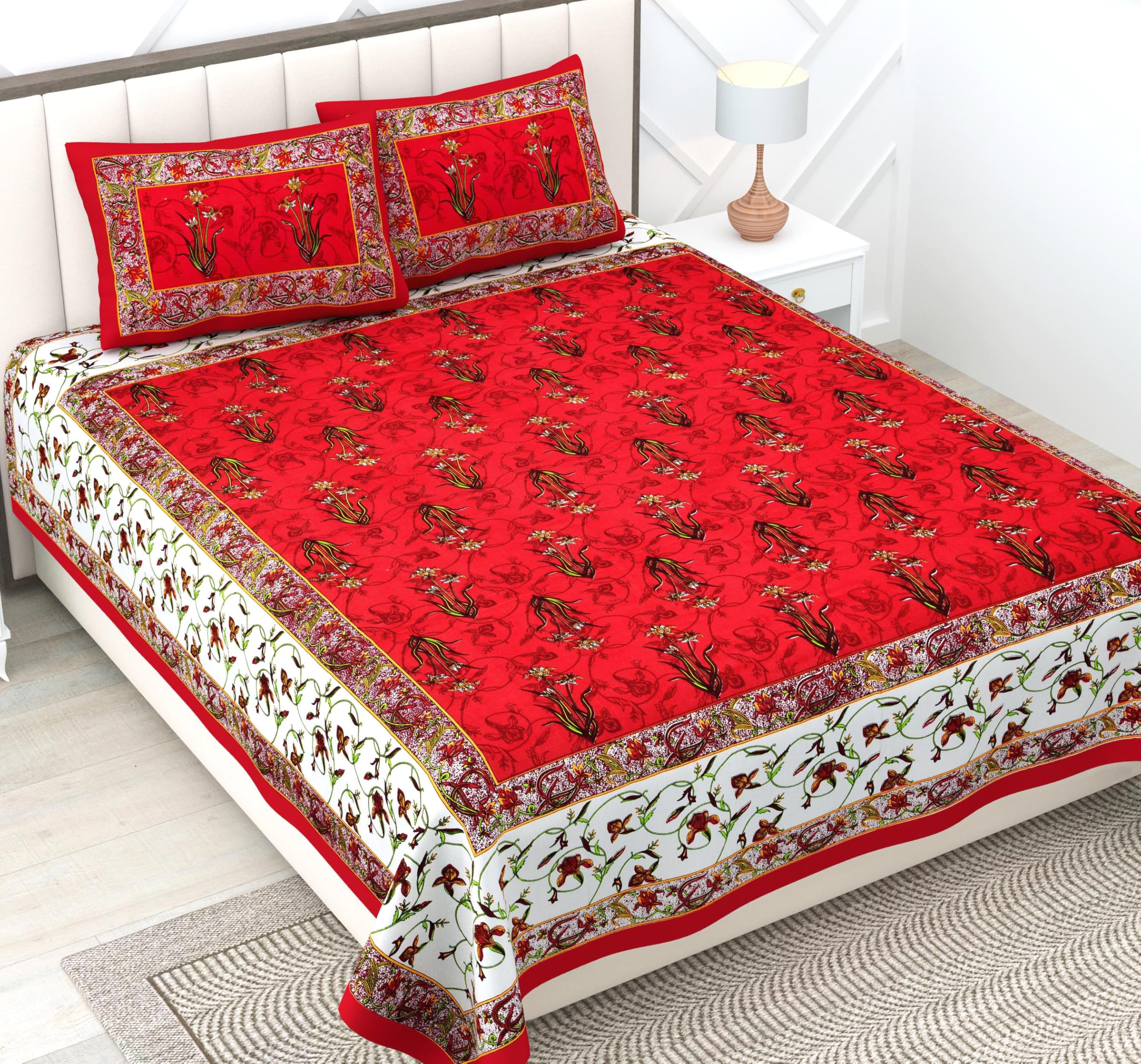 rajasthanikart RajasthaniKart® Pure 100% Cotton Double Bed Sheet with 2 Pillow Covers (Bedsheet for Double Bed Cotton, Red Flower Patti Jaipuri, King Size,5246)-picture-16