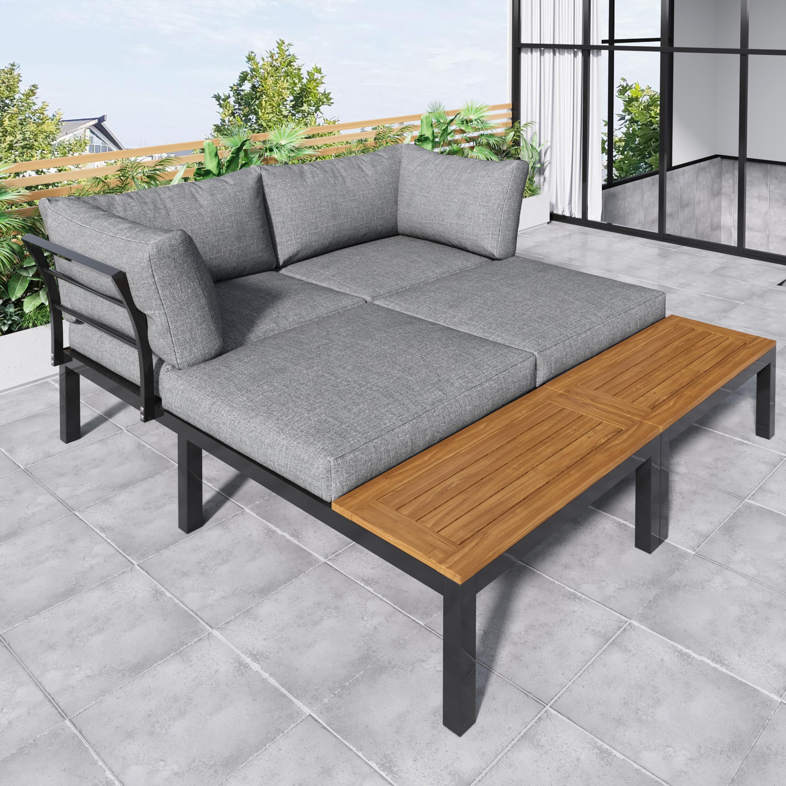 Juego de salón de jardín de 4 plazas, sofá cama cómodo con cojines, 2 asientos dobles, 1 mesa + 2 mesas de madera de acacia, estructura de acero galvanizado resistente, impermeable, gris