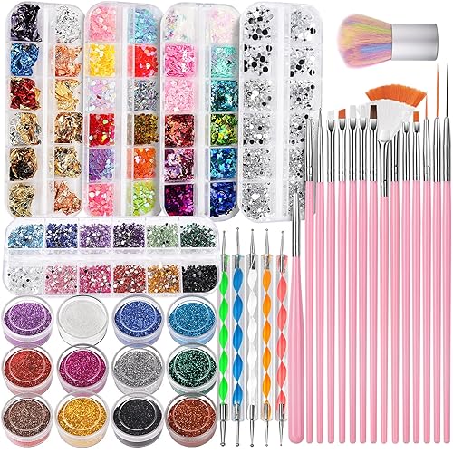 FANDAMEI Kit de arte de uñas, kit de herramientas de diseño de uñas con pinceles de arte de uñas, herramientas de punteado de uñas, purpurina fina,