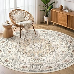 Round Rug Living Room Rugs: 6Ft Washable Boho Neutral Large Circle Soft Indoor Floral Stain Resistant Floor Farmhouse Carpet for Bedroom Nursery Kids Playroom Office Dining Room Dorm Home- Cream Blue