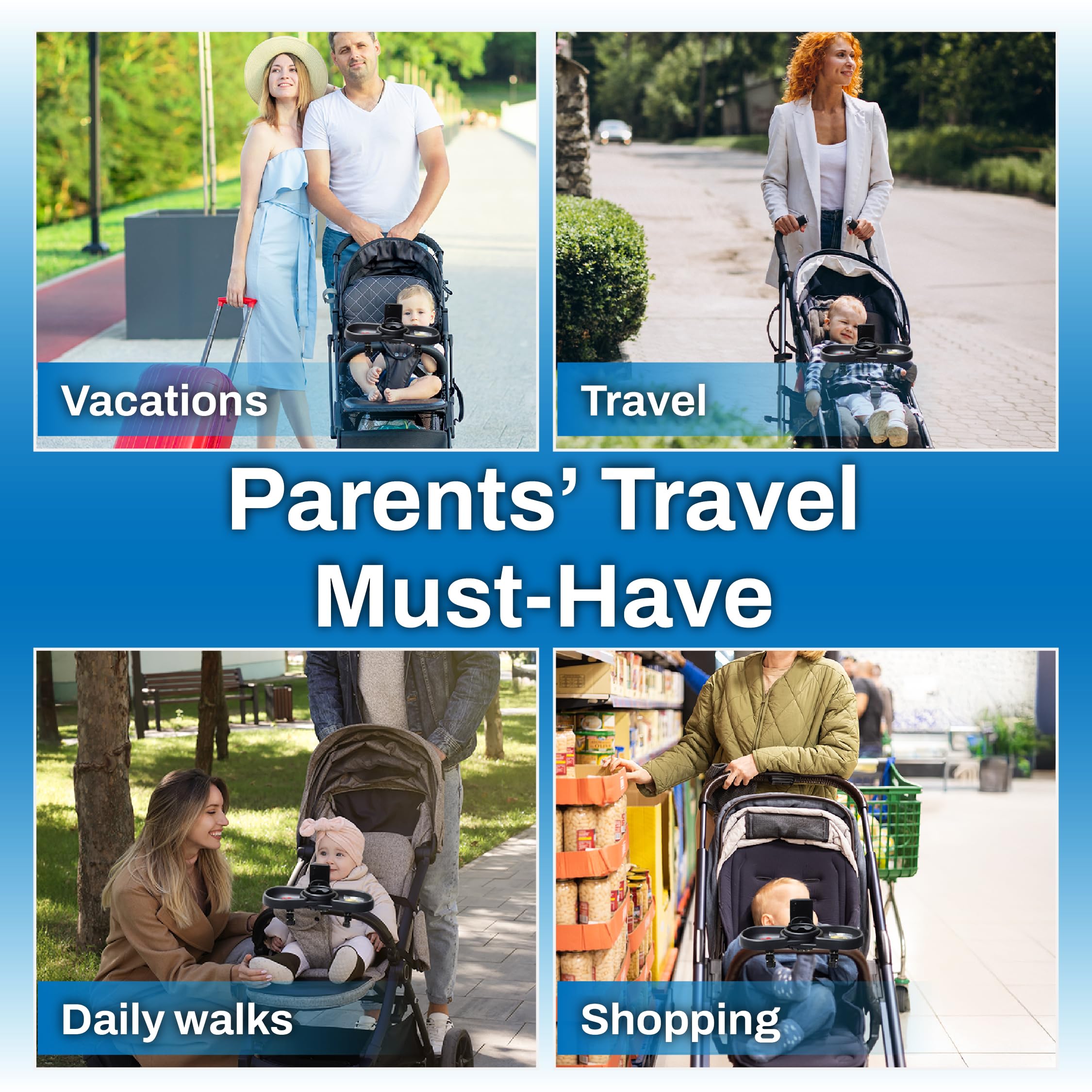 Erleichtert Spaziergänge – 4-in-1 Kinderwagen-Snack-Tablett mit 360°-Handyhalterung, Getränkehalter & zwei Fächern – universelle Passform (Uppababy, Chicco, Nuna) – BPA-frei – Bonus-Haken im