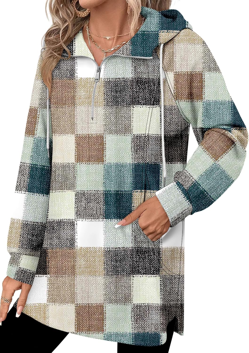 onlypuff Women Hoodie Pullover Trendy Quarter Zipper Lapel Sweatshirts Drawstring Cute Hooded Tunic Tops with Side Pockets - Image 4