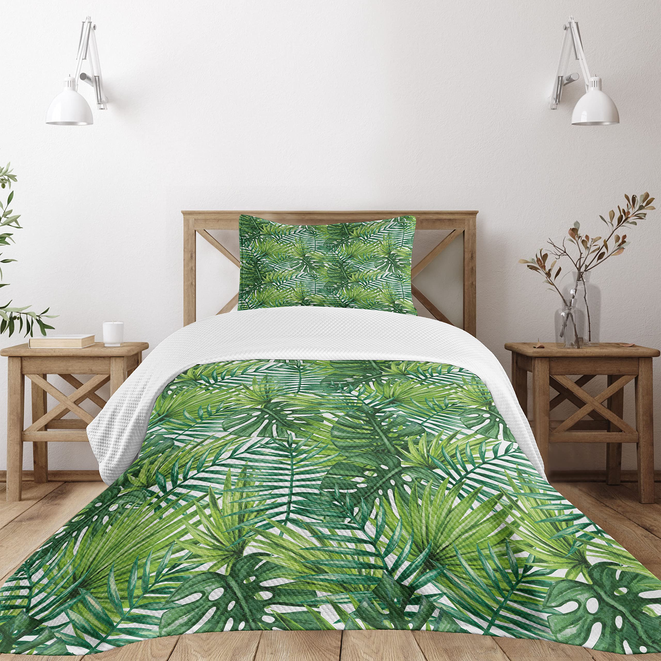 Colcha de hojas tropicales Ambesonne con fundas de almohada decorativas en verde