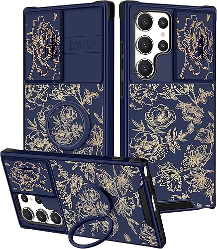 Goocrux Funda 2 en 1 para Samsung Galaxy S23 Ultra con flores florales para mujeres y niñas, diseño femenino de flores doradas con cubierta