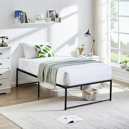 Miniatura 52 de VECELO Marco de cama de plataforma de metal de 14 pulgadas, base de colchón, no necesita somier, soporte de listones de acero (tamaño matrimonial)