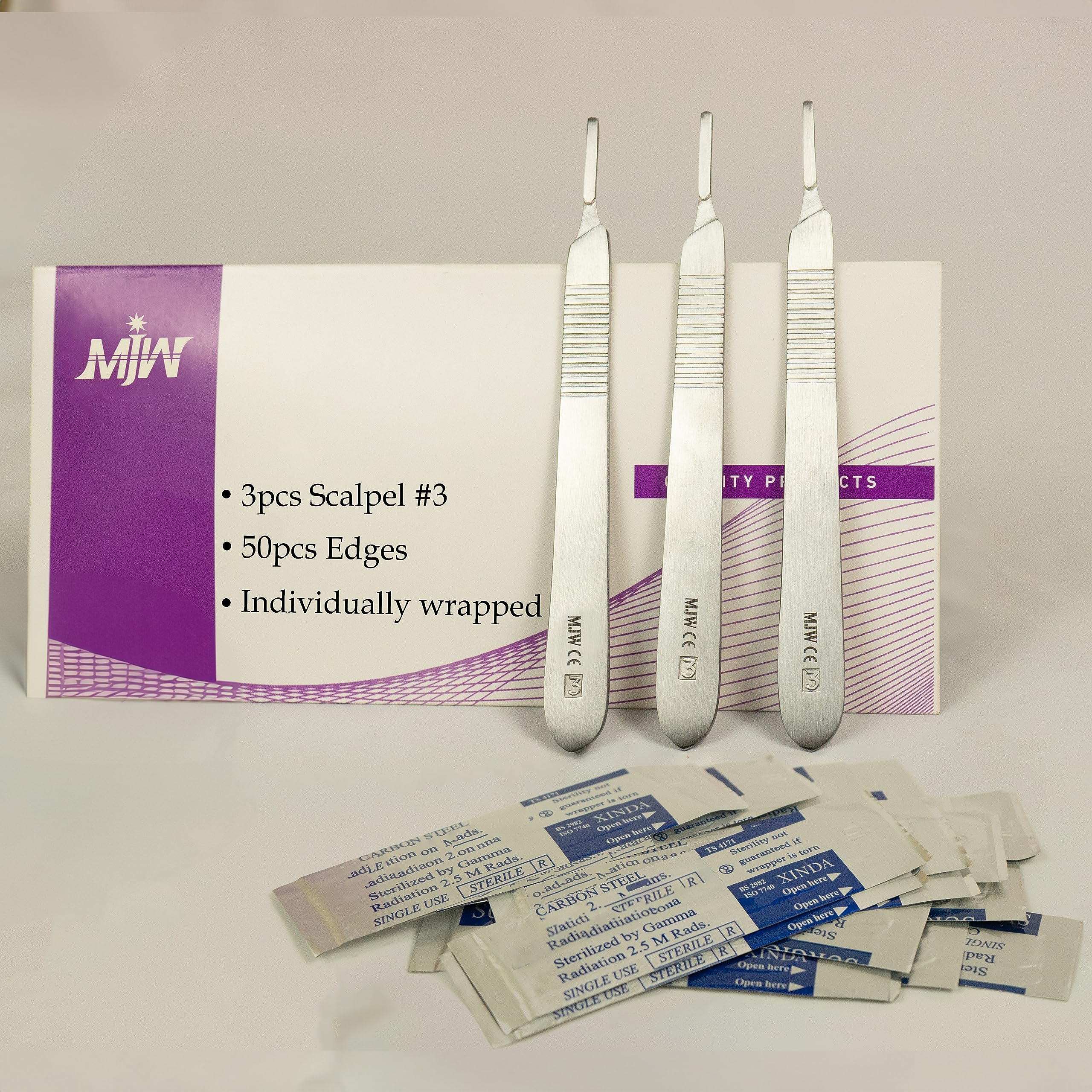 MJW 3 pcs BP Scalpel Handle no.3 With 50 Pcs Cutting Edges no 10 Perfect for Hobby Arts Crafts Card Making Dermaplaning and Crafting Tools