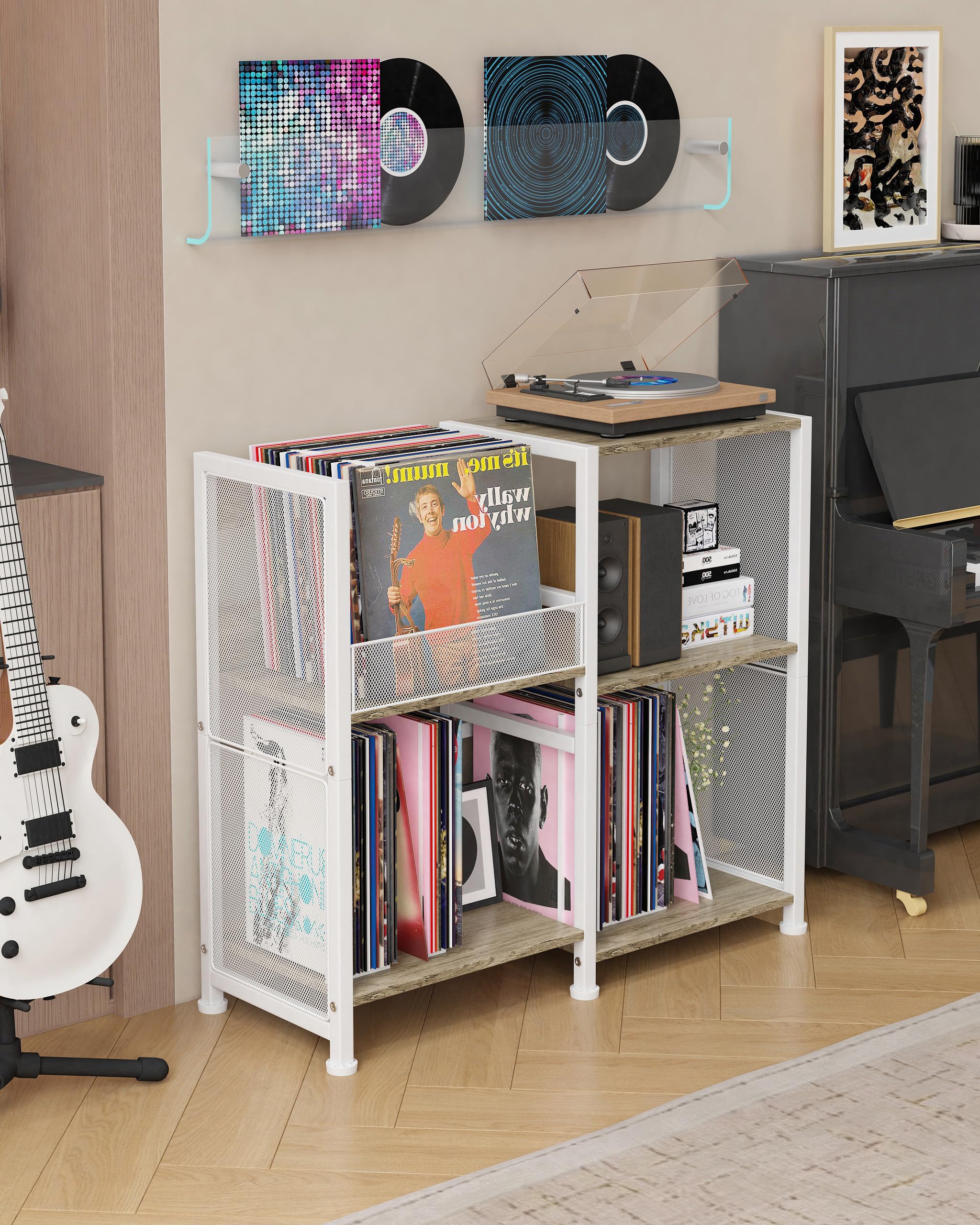 Soporte para tocadiscos, armario de almacenamiento para discos de vinilo | soporte para tocadiscos con espacio de almacenamiento para discos de vinilo para hasta más de 200 álbumes, Blanco