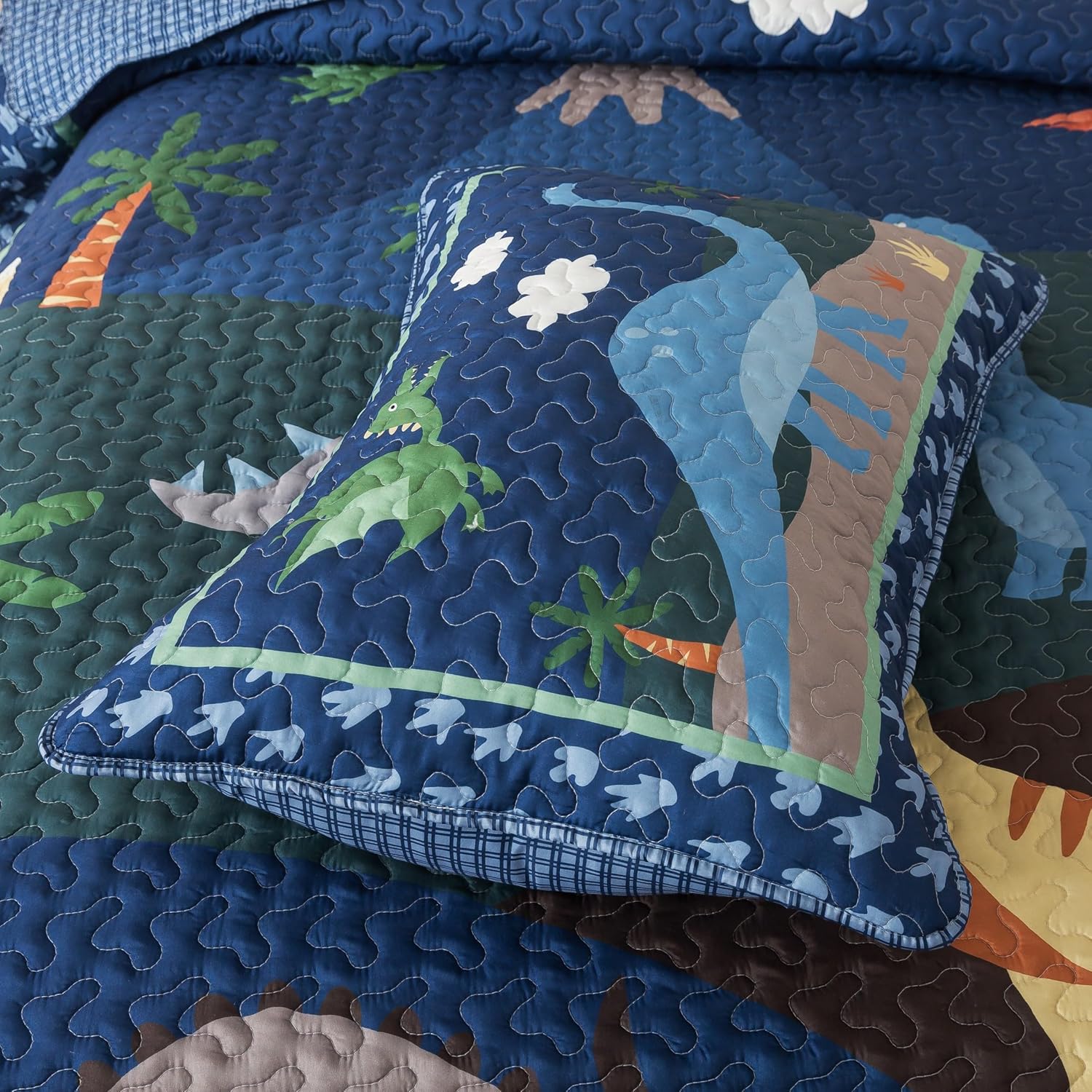 Soul & Lane Dinosaur Quilt Set – Twin and 1 Sham, Kids Dinosaur Bedding for Boys, Toddler Twin Comforter and Dino Bedspread, Reversible T-Rex Bedding with Blue Check Pattern, Dino Delight - Image 5