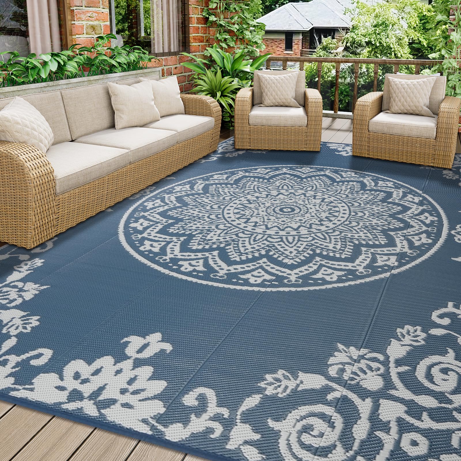 Homcomodar Tapis Exterieur Resistant Pluie Réversible 180x270cm Tapis Exterieur Terrasse Tapisextérieur pour Balcon, Terrasse, Jardin, Camping, Pique-Nique（Bleu& Blanc ）