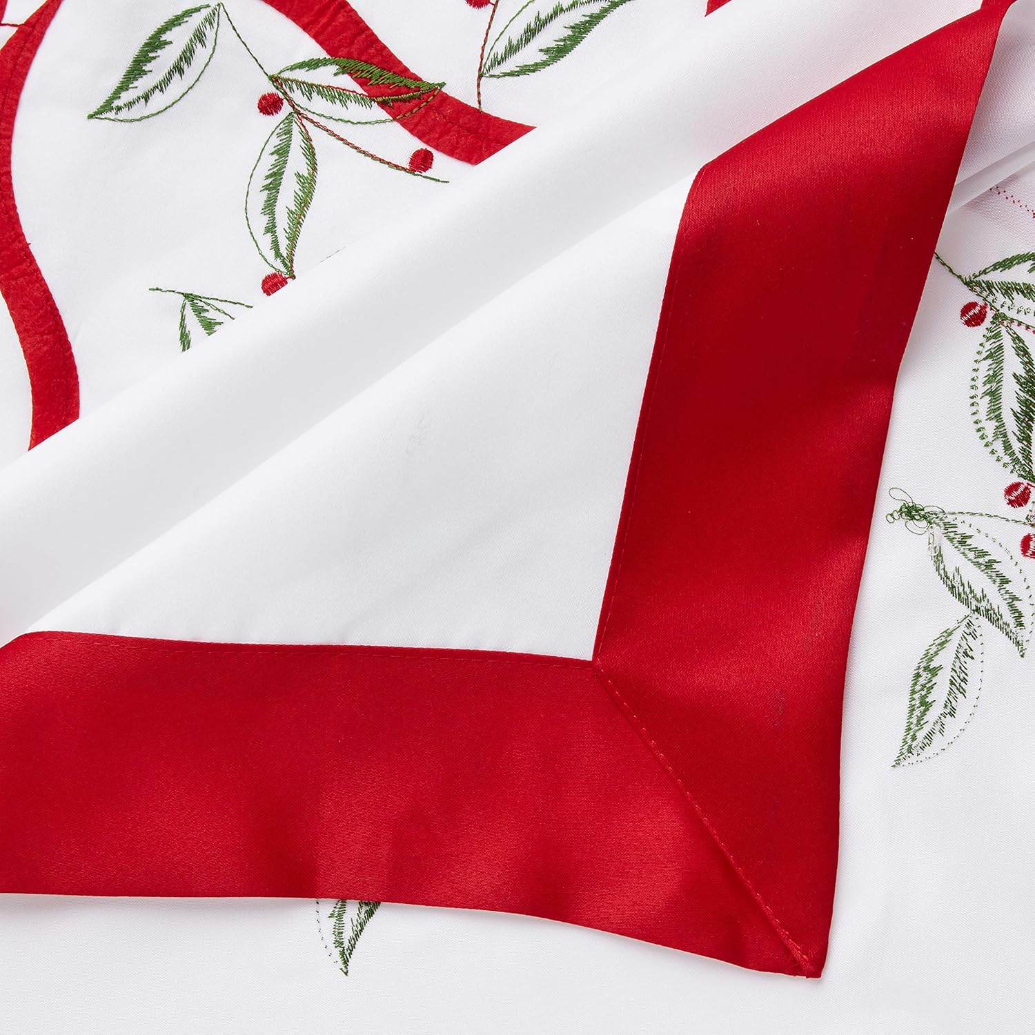 Violet Linen Christmas Holly Leaves Poinsettia Ribbon Bows Polyester Embroidered with Trim Border Tablecloths, 70" X 105", White