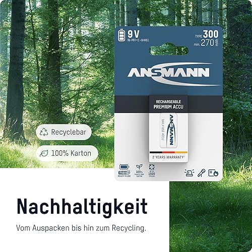 Miniatura 4 de ANSMANN Baterías recargables de 9 V 300 mAh precargadas de baja autodescarga NiMH batería de 9 voltios Batería de 9 V (paquete de 4)