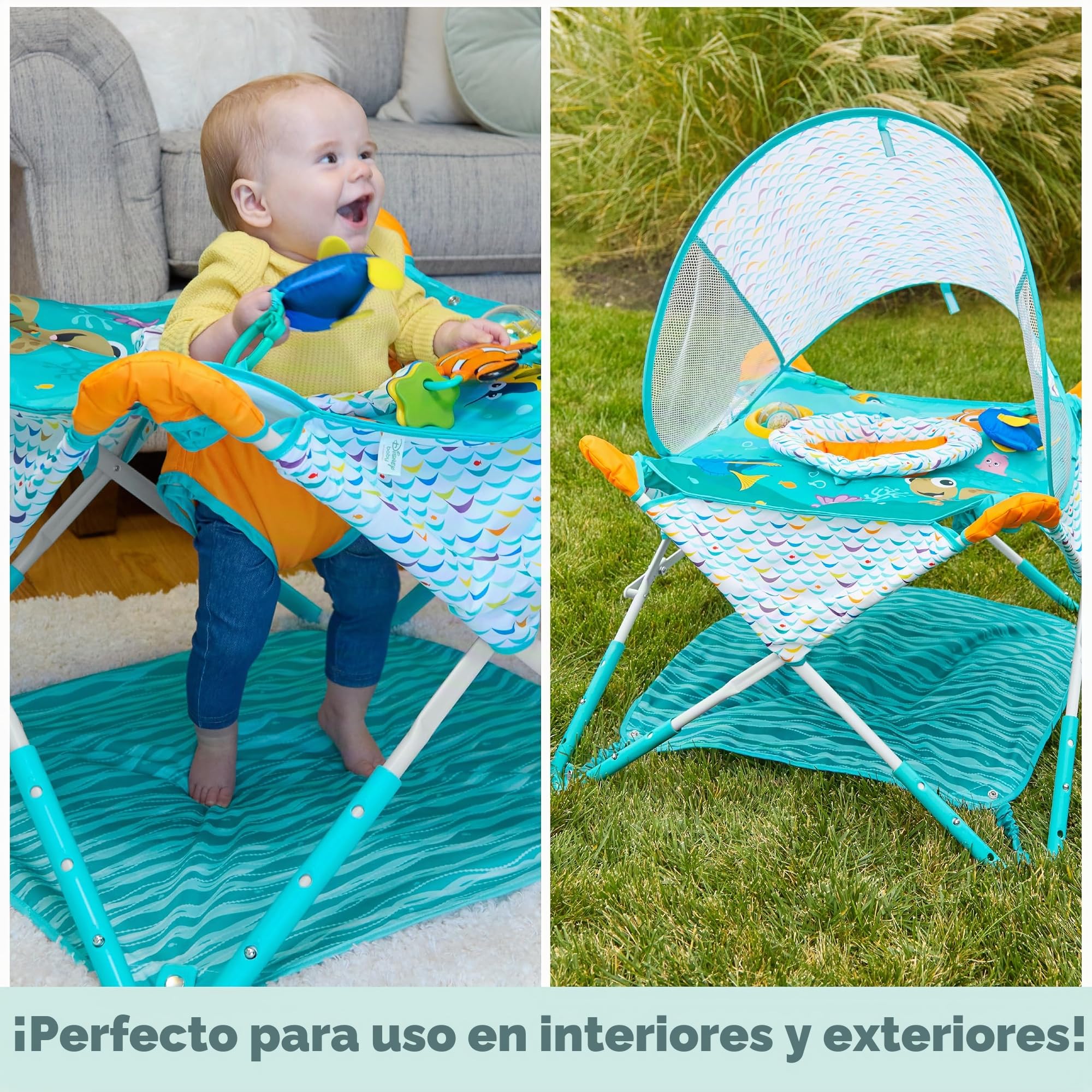 Bright Starts, Centro de Actividades Plegable Pop 'N Jump de Disney Baby Buscando a Nemo, para Interior y Exterior, Unisex, Desde 6 Meses, con Juguetes Sensoriales