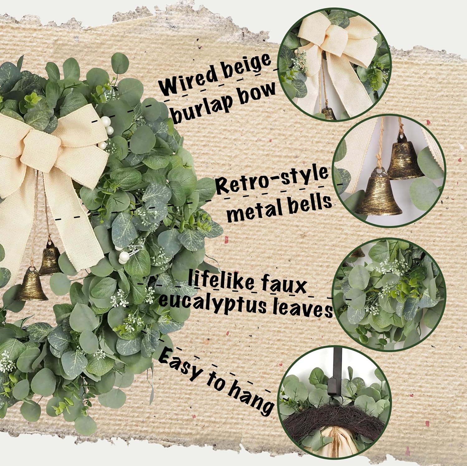 28" Large Eucalyptus Wreath with Vintage Bells Burlap Bow for Front Door, Modern Farmhouse Decor for Spring Summer All Seasons, Lush Artificial Greenery Wreath for Entryways, Double Doors & Mantle