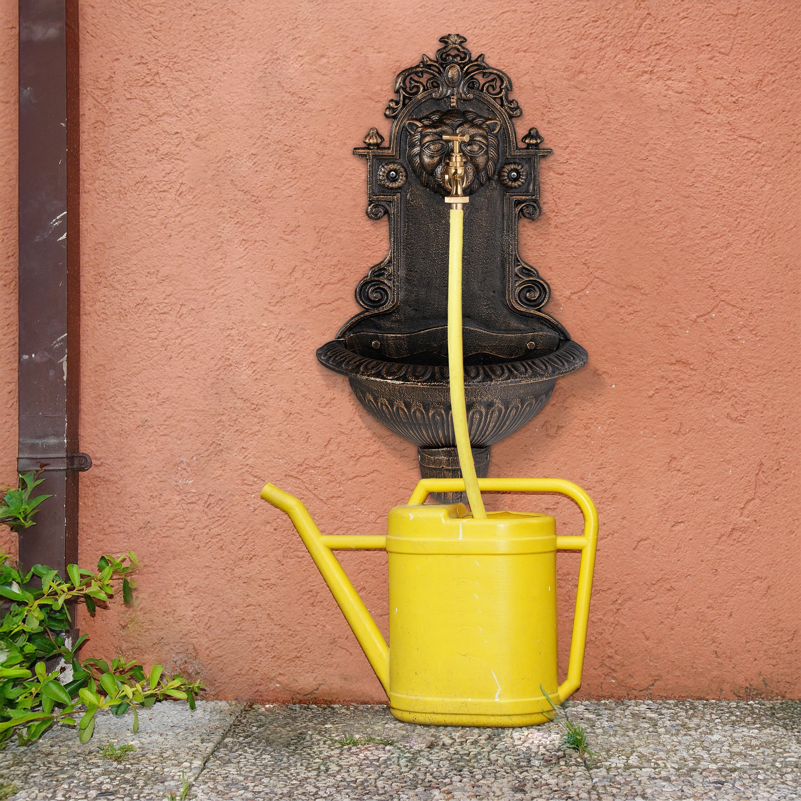 Relaxdays Fontana a Muro da Esterno, Fontanella Giardino, Vaschetta Rubinetto, Ghisa e Ottone, HLP: 61x35x18 cm, Bronzo