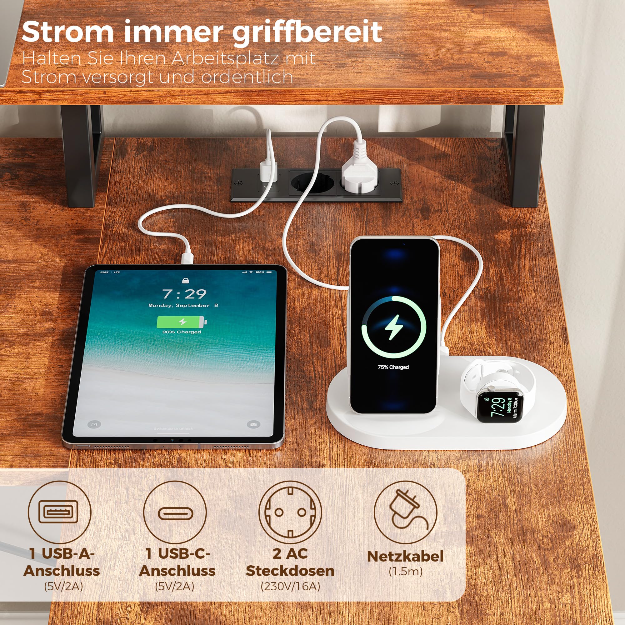 IRONCK Schreibtisch L Form Gaming Tisch mit LED & Steckdosen 2AC+1USB+1C, 189x100cm Eckschreibtisch mit 6 Schubladen&Monitorständer, Reversible Computertisch mit Stauraum für Home Office Vintage-braun
