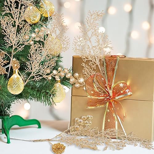 Miniatura 7 de Tigeen 12 ramas de Navidad con purpurina, bayas de acebo artificiales, agujas de pino, ramitas de bayas con purpurina navideña, tallos de Navidad