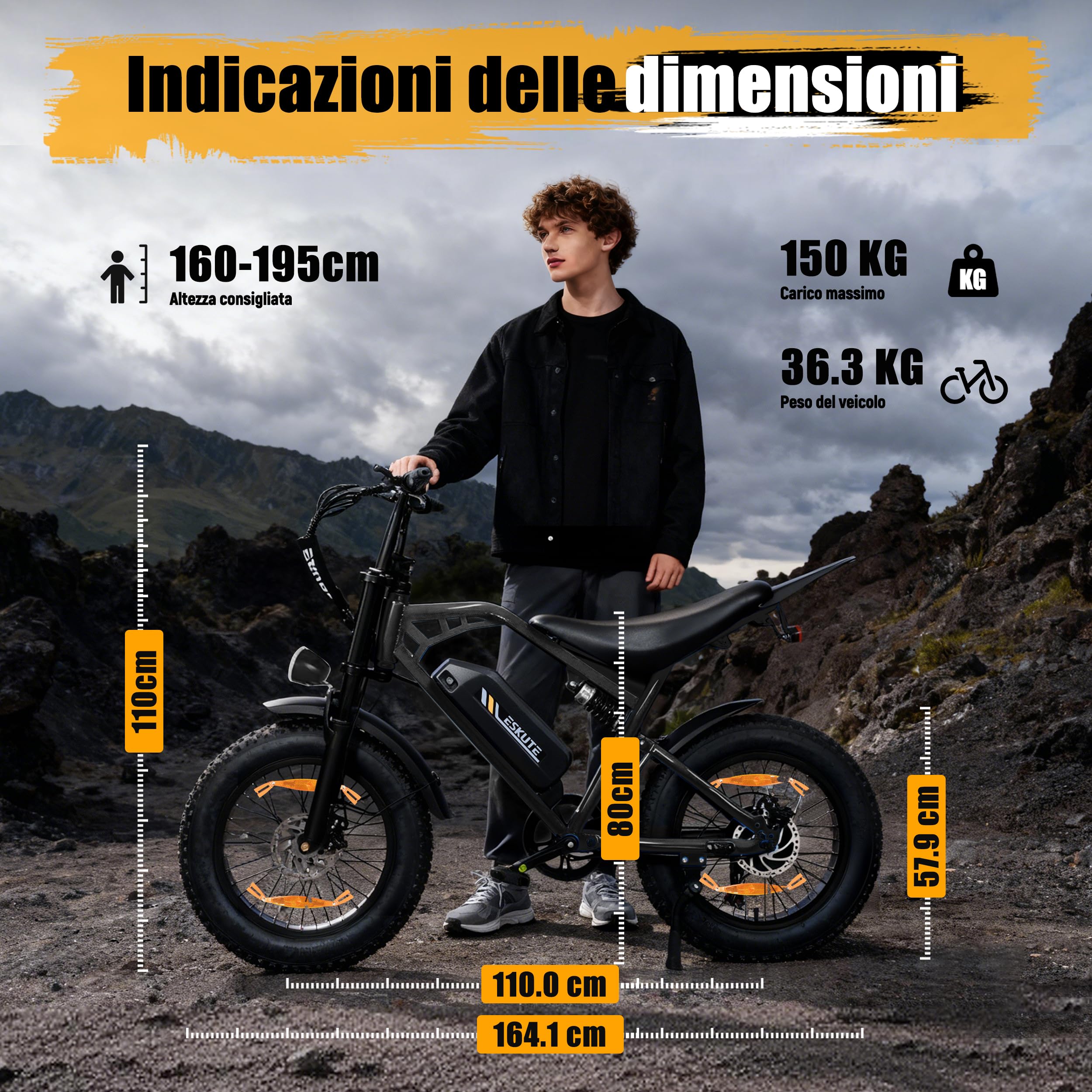 ESKUTE V202 Bicicletta Elettrica per Adulti, Fat Bike Elettrica 20X4.0 con Batteria Rimovibile 48V 20.8Ah, E-Bike All Terrain, 7 Velocità, Freni a Disco Meccanici