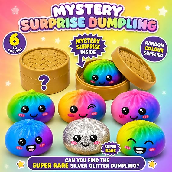 Rainbow Squishy Dumpling Toys 8.5cm - 6x Random Slow Rising Bao Dumplings, Super Rare Silver Glitter Bao Bun, Fidget Mystery Squeeze Toy, Kids Party Bag Gift Age 3+