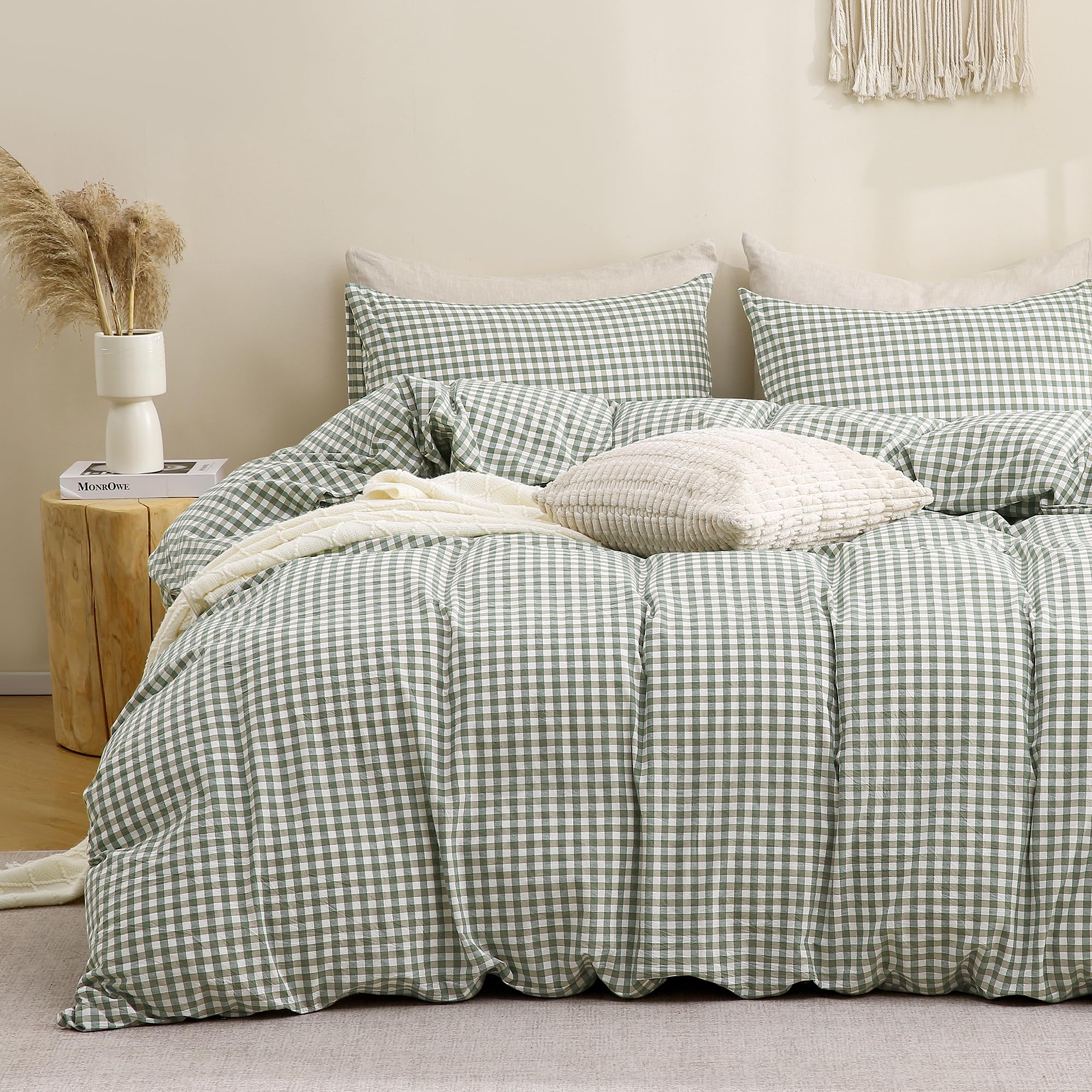 TOCOMOA Green Gingham Duvet Cover Set Washed Cotton Like Linen, Queen