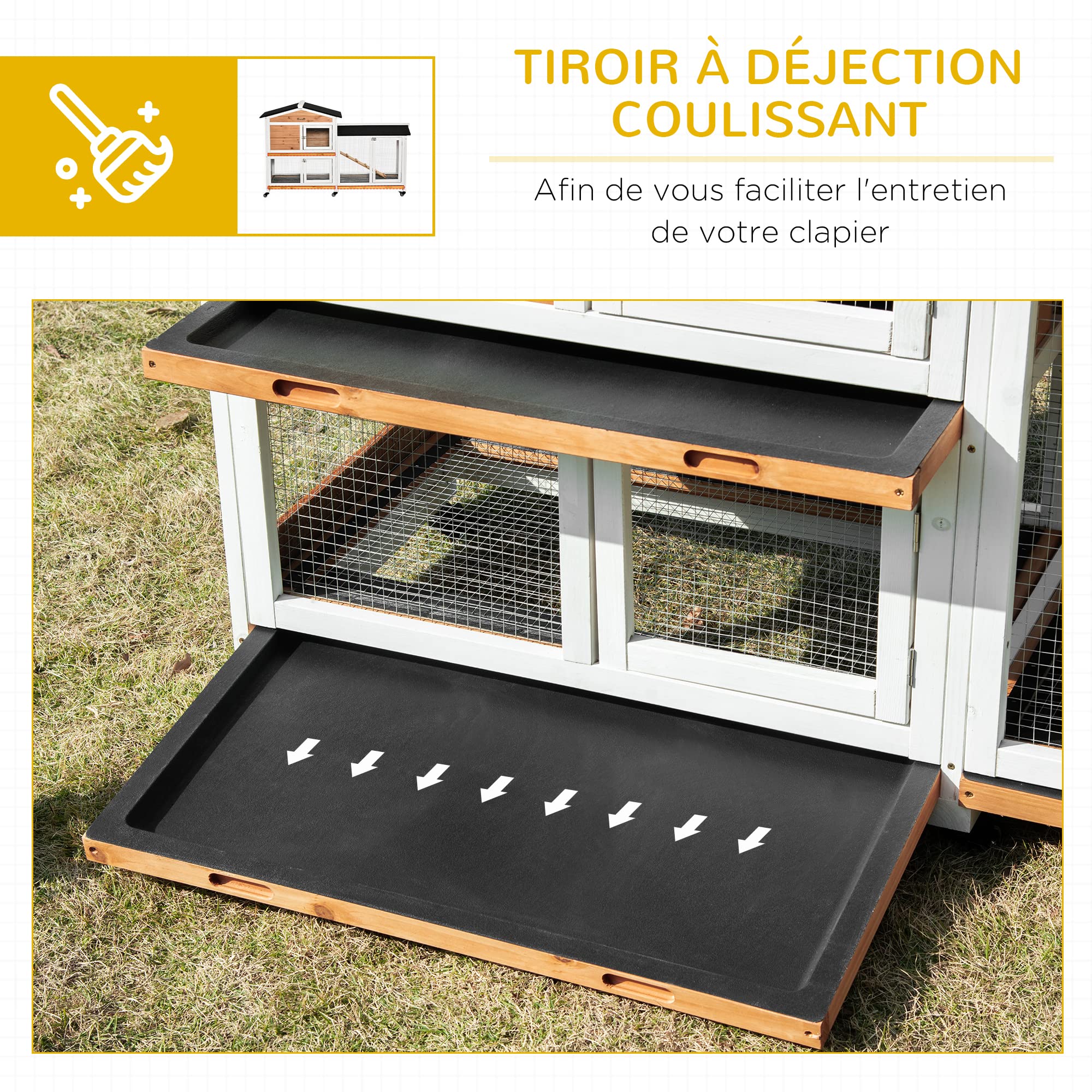 PawHut Clapier Bois pour Lapins Petit enclos Animaux Villa pour Lapin sur roulettes 2 étages 3 Plateaux coulissants 157,4 x 53 x 99,5 cm Jaune
