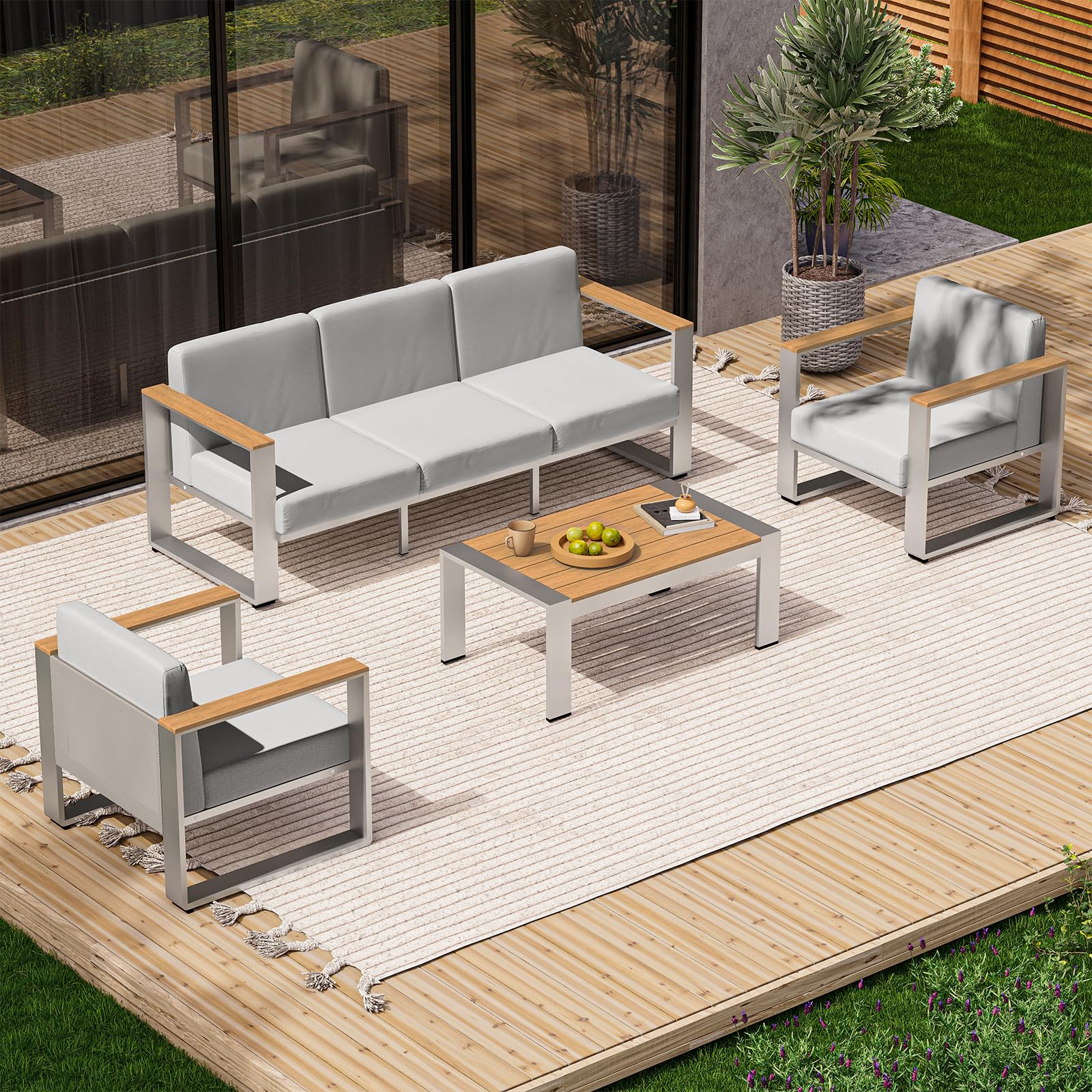 Aluminum Patio Furniture Set, 5 Seats Outdoor Patio Conversation Sets with Ergonomic Seat and Wide Washable Thick Cushions, Modern Outdoor Sectional Furniture for Balcony, Porch