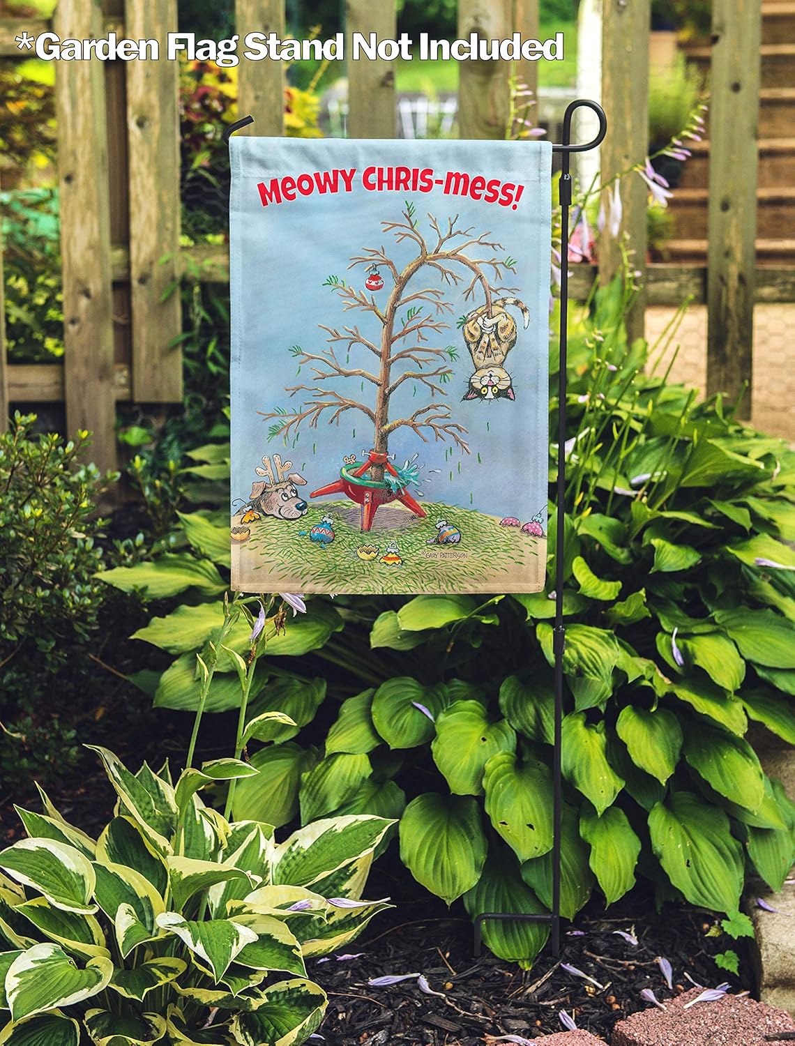 Flagology, Gary Patterson, Meowy Chris-Mess Cat – Garden Flag 12" x 18", Exclusive Premium Fabric, Christmas, Winter