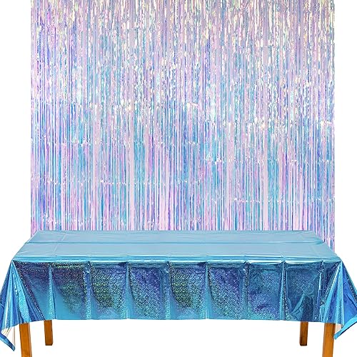 GREATRIL Cortinas de flecos de papel de aluminio iridiscente, 2 paquetes y manteles azules para fiesta, 2 paquetes para decoración de fondo de fiesta