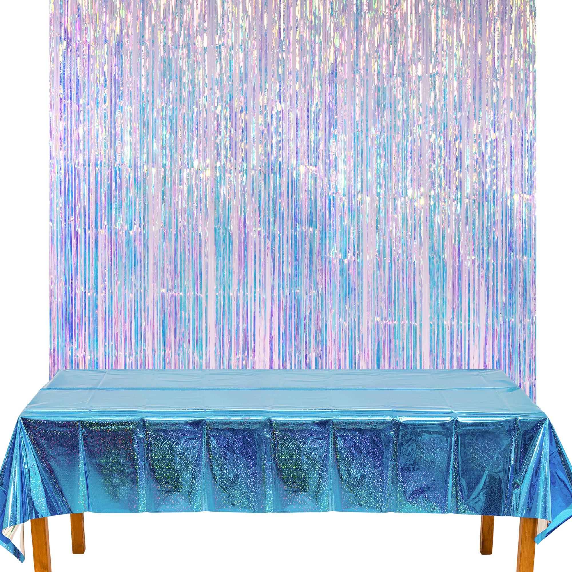 GREATRIL Iridescent Foil Fringe Curtains 2 Packs and Blue Party Table Cloths 2 Packs for Party Backdrop Decorations