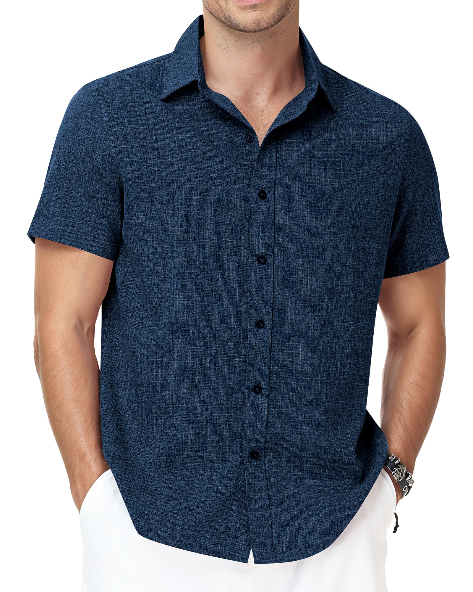 Runhit Men's Short Sleeve Button Down Shirts Casual Beach Shirt Lightweight Wrinkle Free Vacation Summer Wedding Tops