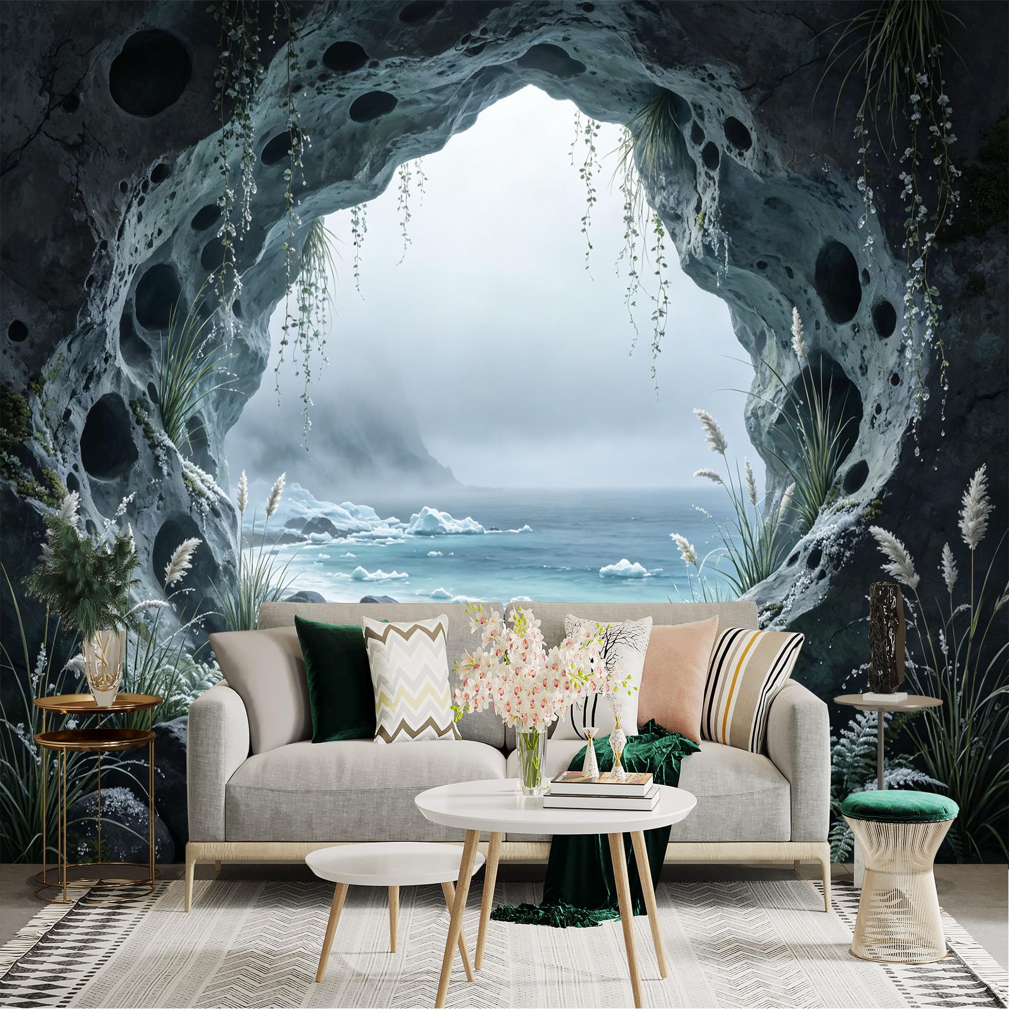 Custom Size Wall Sticker Mural， Coastal Cave with Ocean View， Misty Beach and Ferns， for wall Decoration， peelandstick wall Decals.