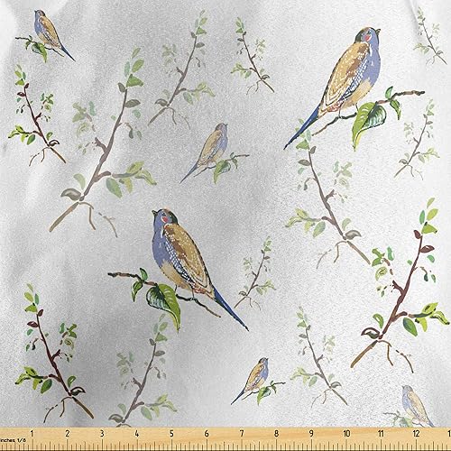 Ambesonne Animals Fabric by The Yard, Spring Theme Birds Settled on Branches Leafs and Sparrows Peacful Garden, Decorative Satin Fabric for Home Ambesonne Animals Fabric by The Yard, Spring Theme Birds Settled on Branches Leafs and Sparrows Peacful Garden, Decorative Satin Fabric for Home