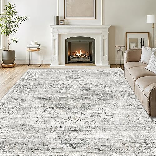 6x9 Area Rugs for Living Room, Machine Washable Non Slip Vintage Rug, Non-Slip Stain Resistant, Large Soft Home Decor Rug for Bedroom Dining Room (Ivory/Gray,6'x9')