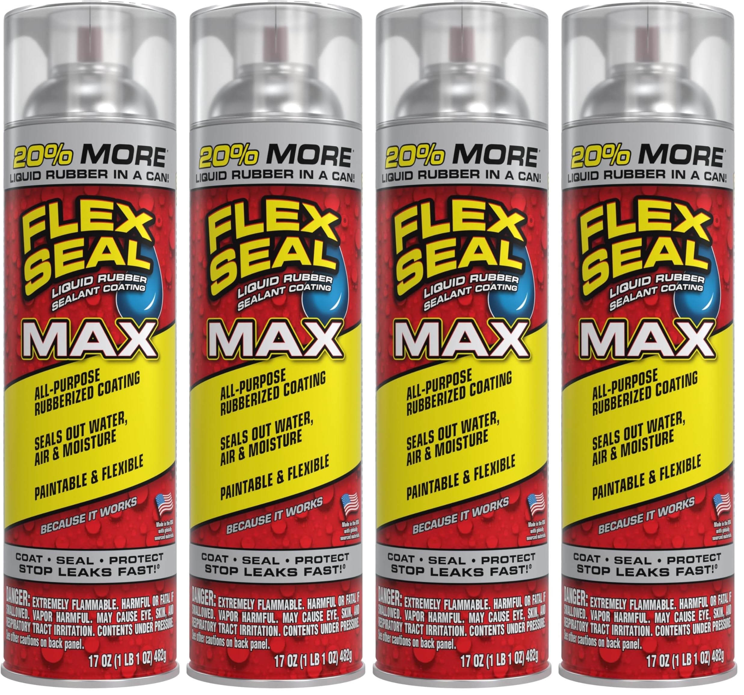 Flex Seal MAX, 17 oz, 4-Pack, Clear, Stop Leaks Instantly, Waterproof Rubber Spray On Sealant Coating, Perfect for Gutters, Wood, RV, Campers, Roof Repair, Skylights, Windows, and More