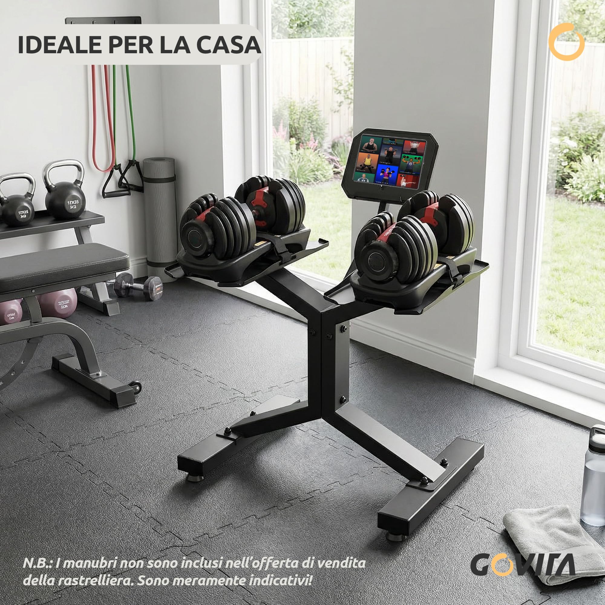 GOVITA - Rastrelliera Manubri Regolabili Porta Dischi Pesi Coppia Manubri Supporto bilanciere per Palestra Casa Carico Massimo di 300Kg, con supporto TABLET