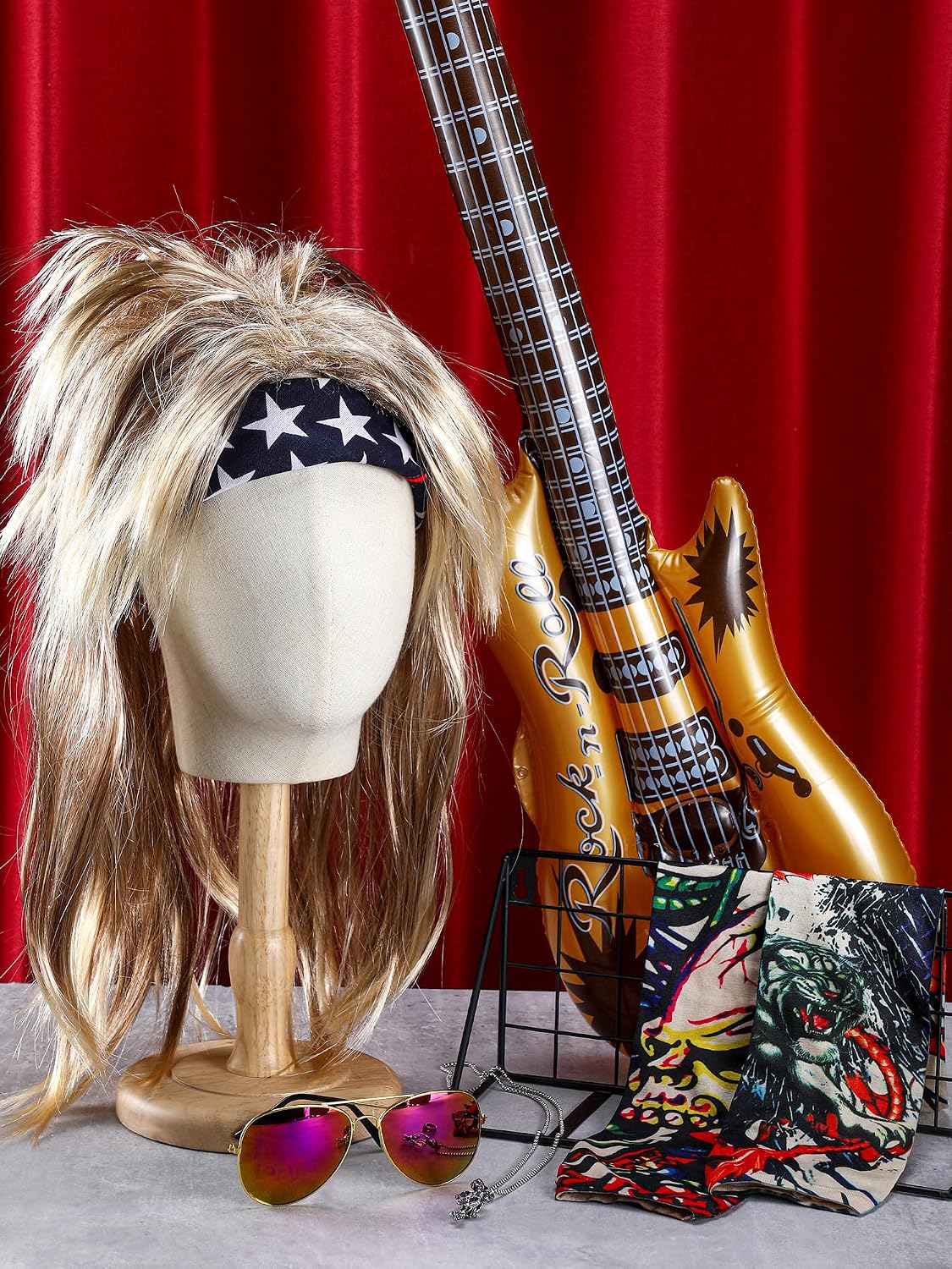 Mepase 9 Pcs Rocker Costume Set for Party Men Women Punk Disco Costume Accessories 70s 80s 90s Rock and Roll Party Supplies