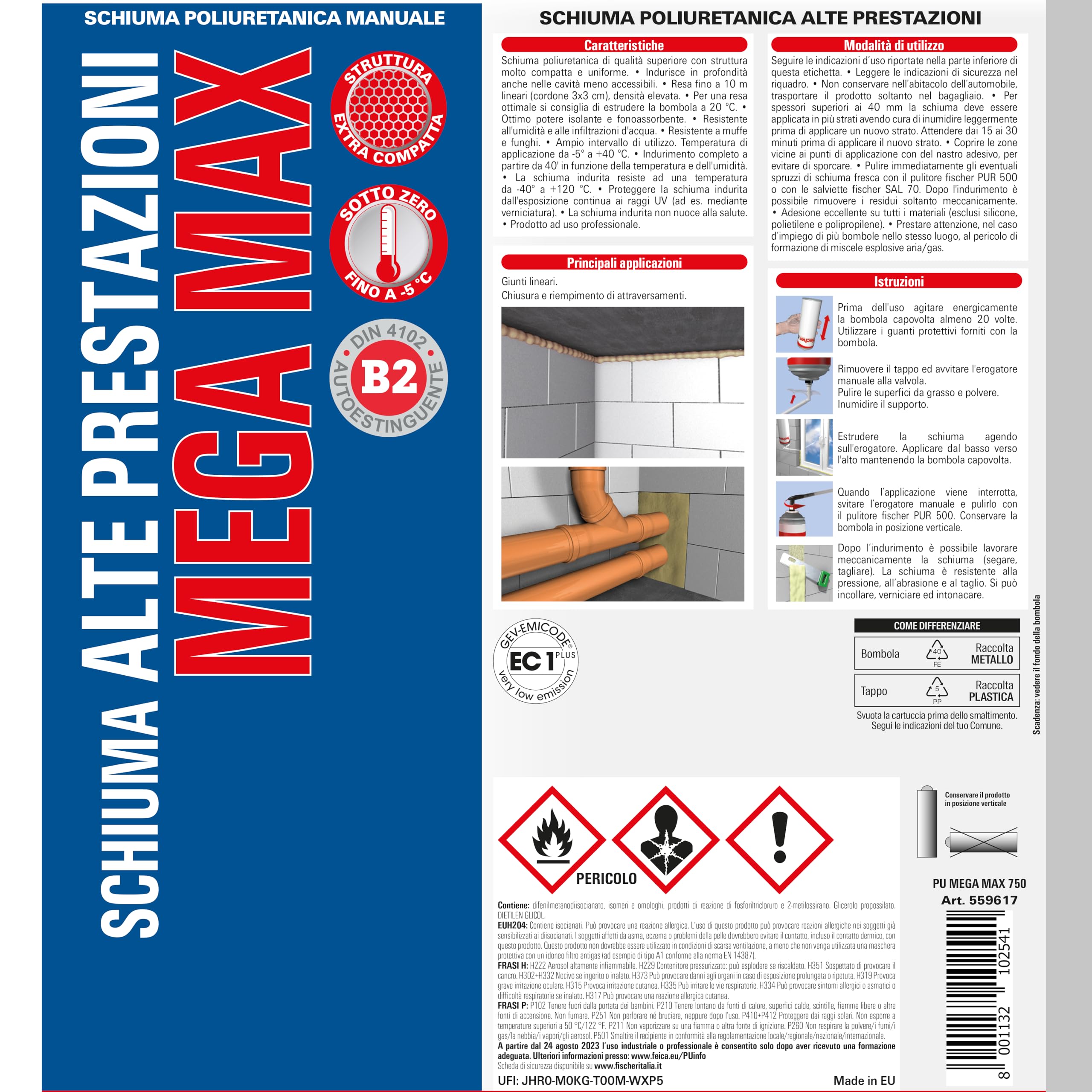 Fischer PU MEGA MAX 750 Schiuma Poliuretanica Manuale ad Alte Prestazioni, Reticola Anche in Profondità