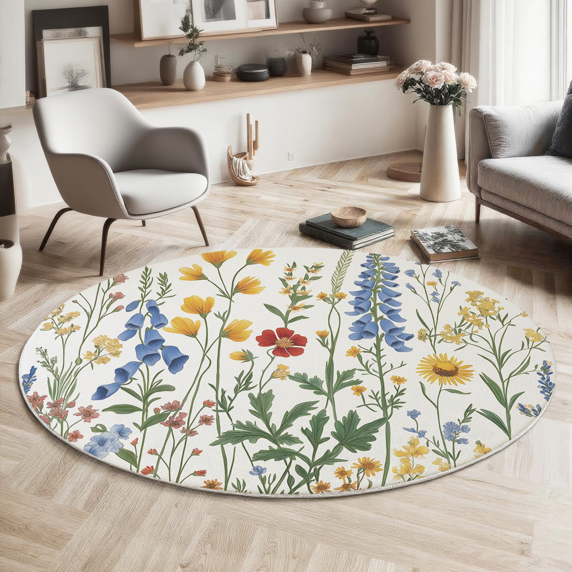Tapis rond 200cm bleu fleurs sauvages lavable antidérapant chambre