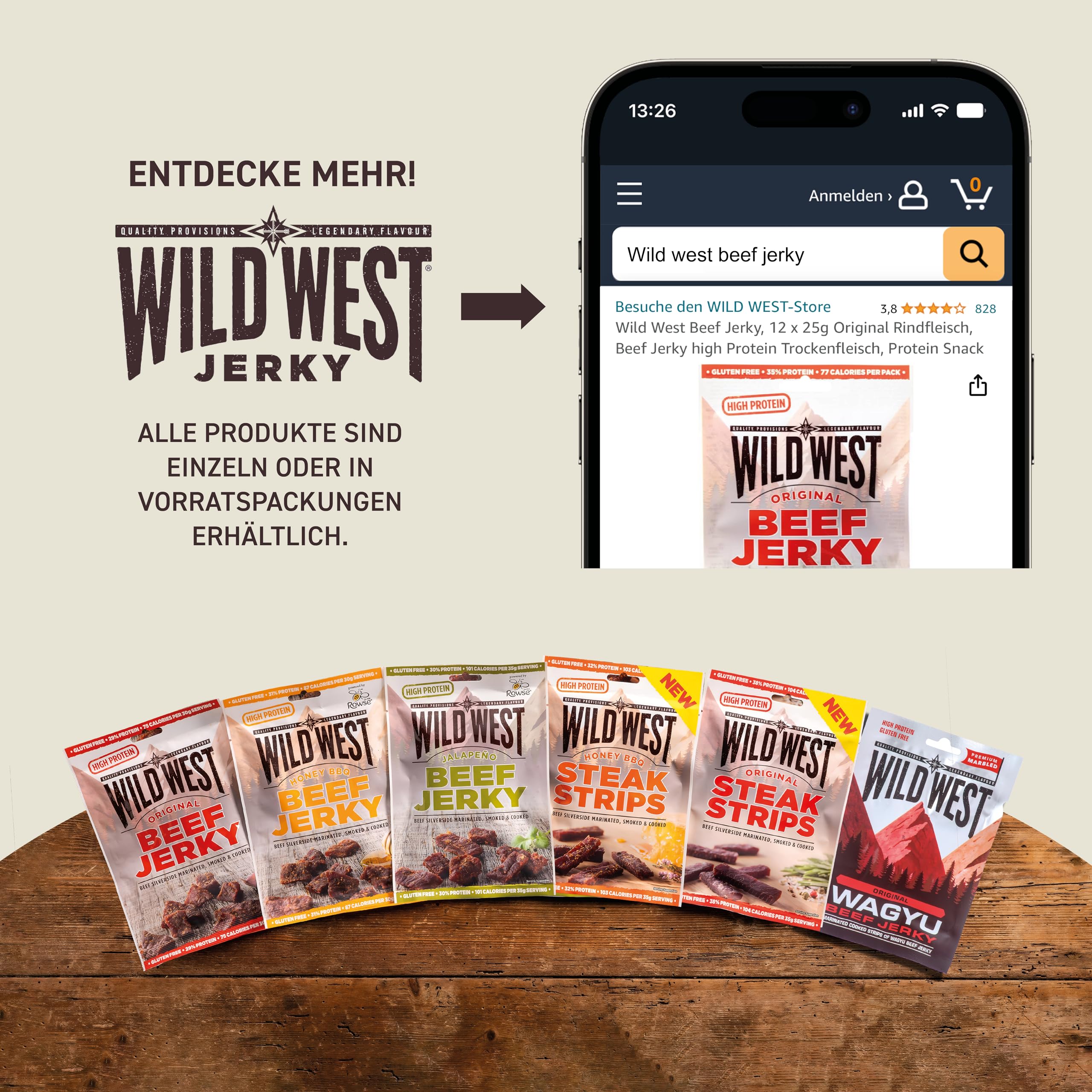 Wild West Beef Jerky, Mix Box 60g, 12er Pack mit 4x Original, 4x Honey BBQ, 4x Jalapeno, Rinderdörrfleisch, Beef Jerky high Protein Trockenfleisch, Protein Snack